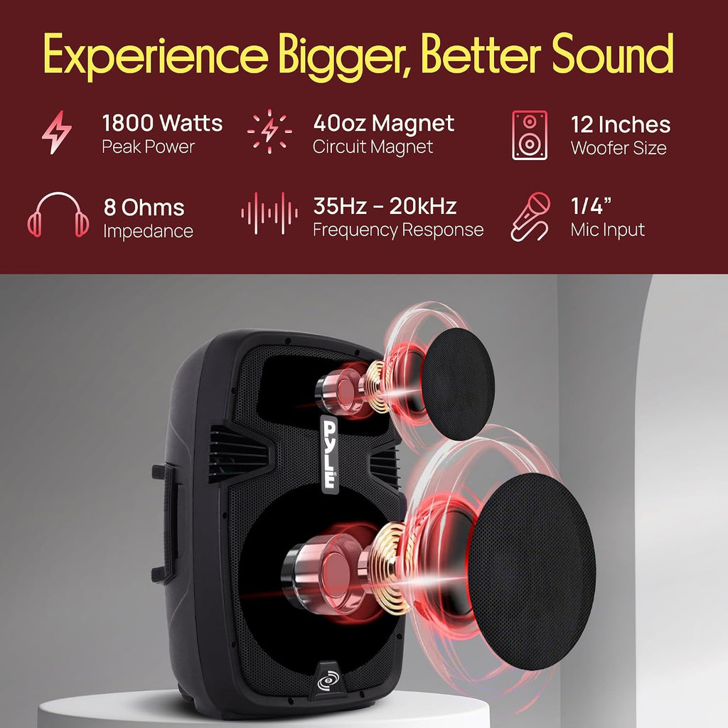 Wireless Portable PA Speaker System - 1800W High Powered Bluetooth Compatible Active + Passive Pair Outdoor Sound Speakers w/ USB SD MP3 AUX - 35mm Mount, 2 Stand, Microphone, Remote - Pyle PPHP1249KT
