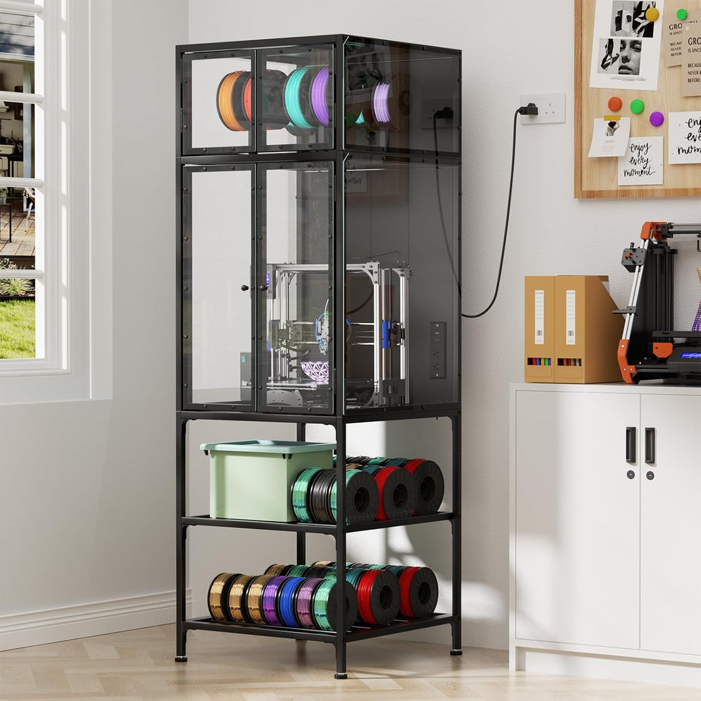 3D Printer Cabinet with Double Layer 3D Printer Filament Storage Rack, T-Shaped Filament Bar & Noise-Reducing, Dust-Proof Design, Suitable for Studio, Office Storage and Organization
