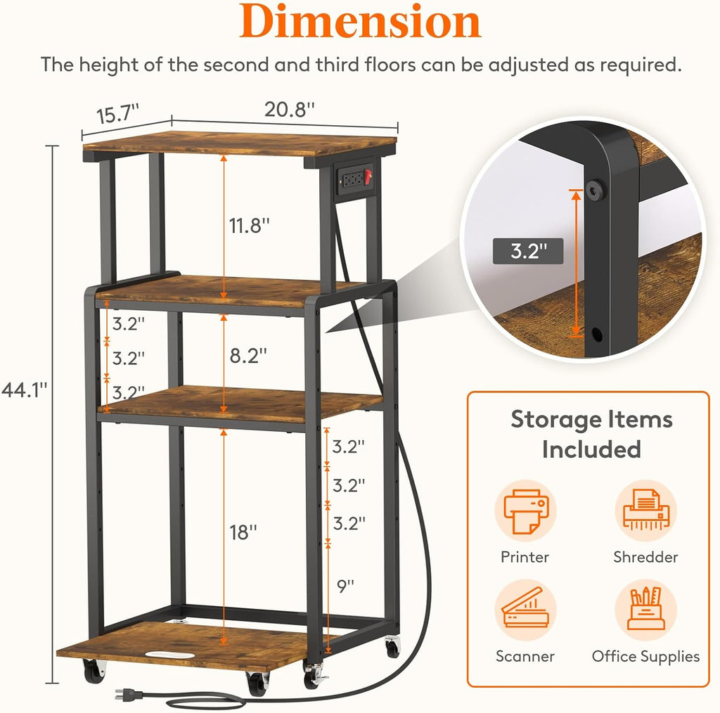 Lifewit 4 Tier Printer Stand with 3 Power Outlets, Wheels and Adjustable Storage Shelf for Home Office, Rolling Printer Cart for Shredder, Scanner, Fax, Hold 340lbs, Rustic Brown