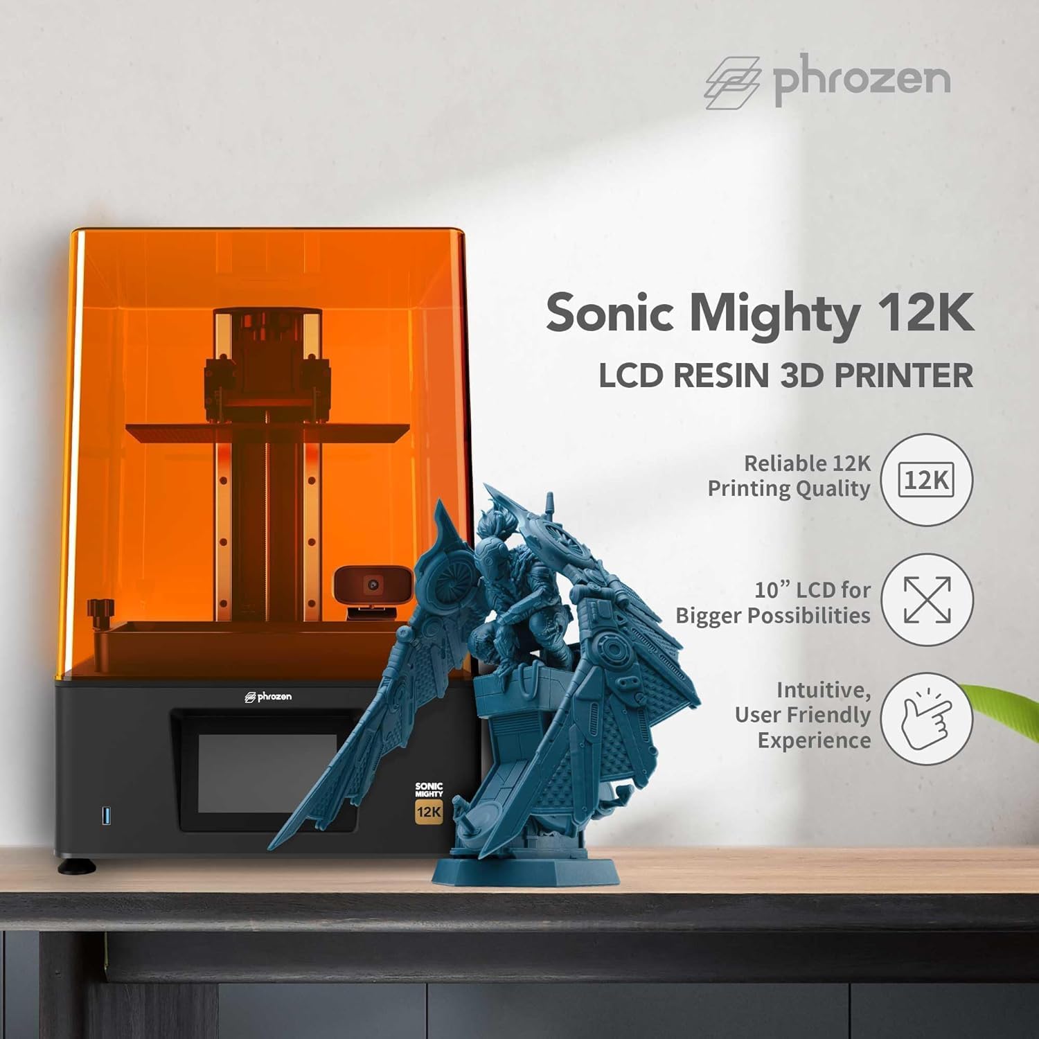 phrozen Sonic Mighty 12K LCD Resin 3D Printer, 10' Monochrome LCD, Tabletop 3D Resin Printer with 19*24µm XY Resolution, 8.6*4.8*9.3 Inch Printing Volume for Models, Miniatures and Action Figures