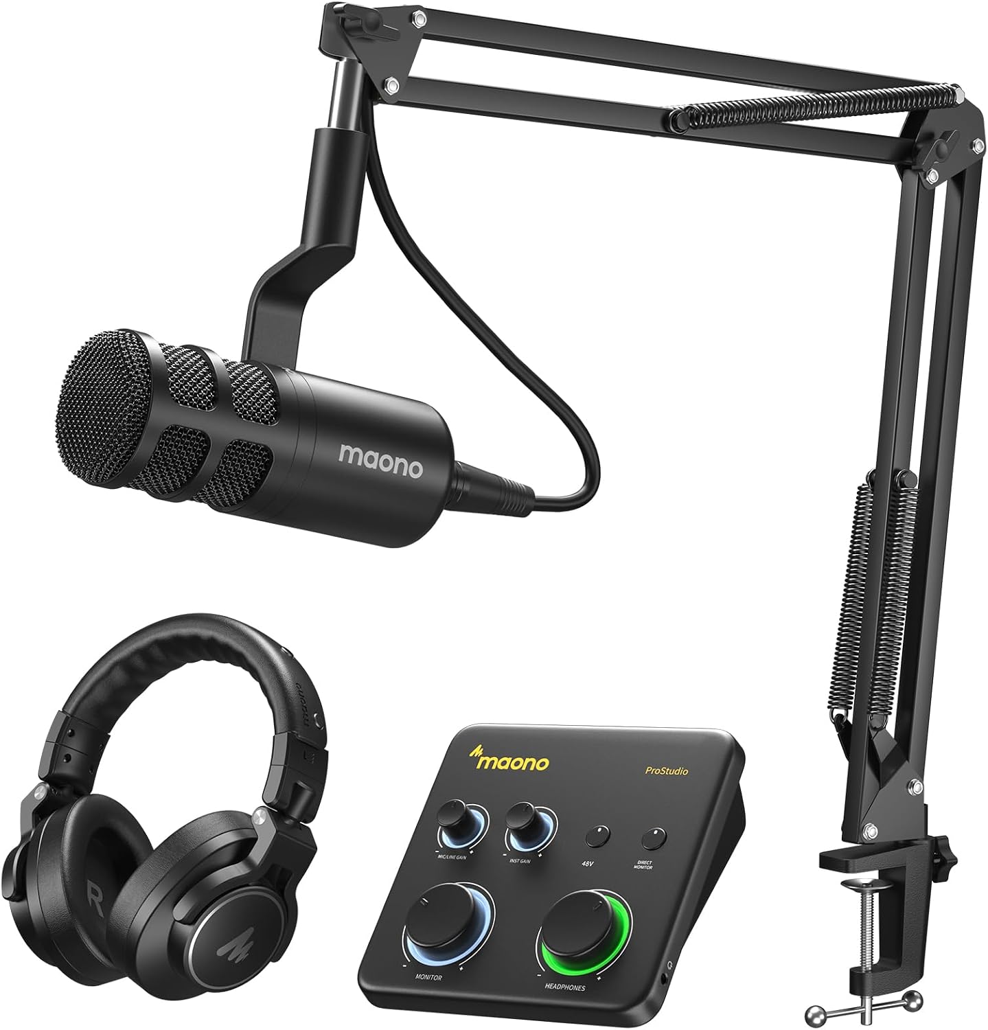MAONO USB Audio Interface Bundle: Interface with XLR Microphone Headphone 24-bit/192kHz LOOPBACK ASIO Driver for Recording Music Home-Studio Guitar Podcast Streaming PC DAW(PS22+PD100S+MH700)