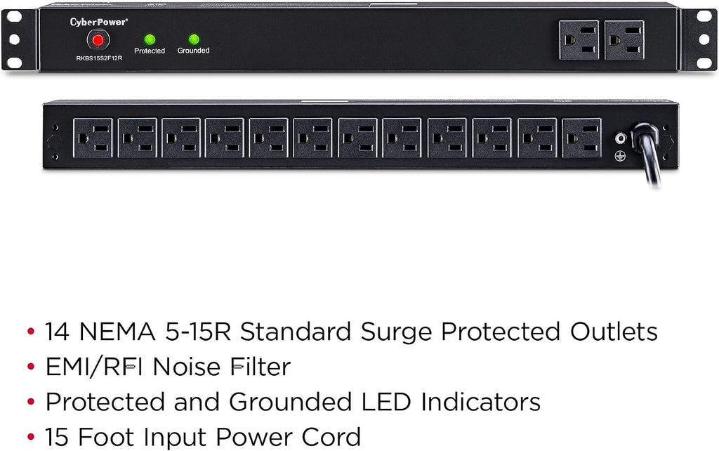CyberPower RKBS15S2F12R Rackbar Surge Protector, 120V/15A, 14 Outlets, 15 Foot Power Cord, 1U Rackmount, UL Listed