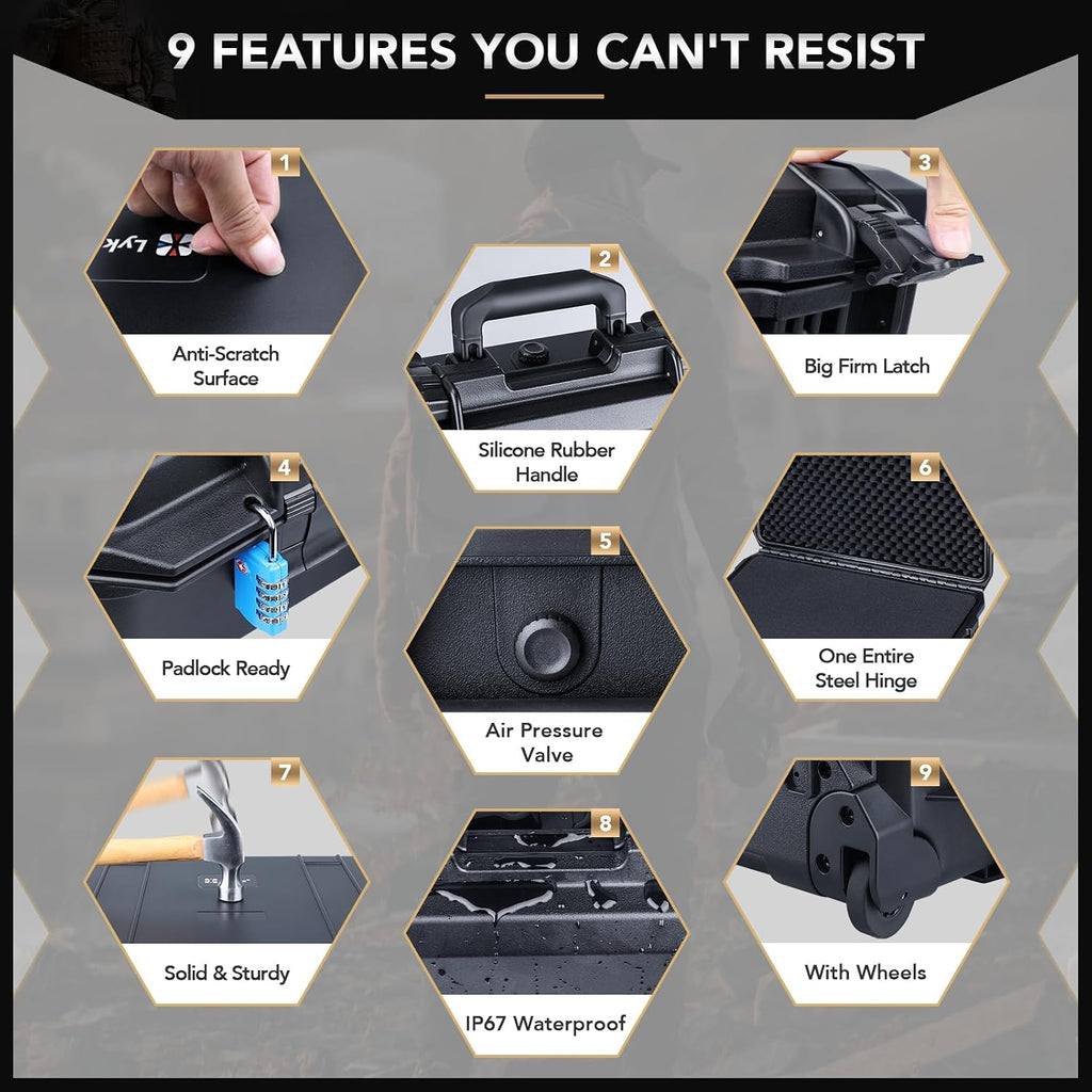 Lykus HC-5120 Waterproof Hard Case with Wheels and Customizable Foam, Interior Size 20.3x11.3x7.3 inch, Suitable for camera, lens, drone, mic, flashlight, projector, electronics, tools, and more