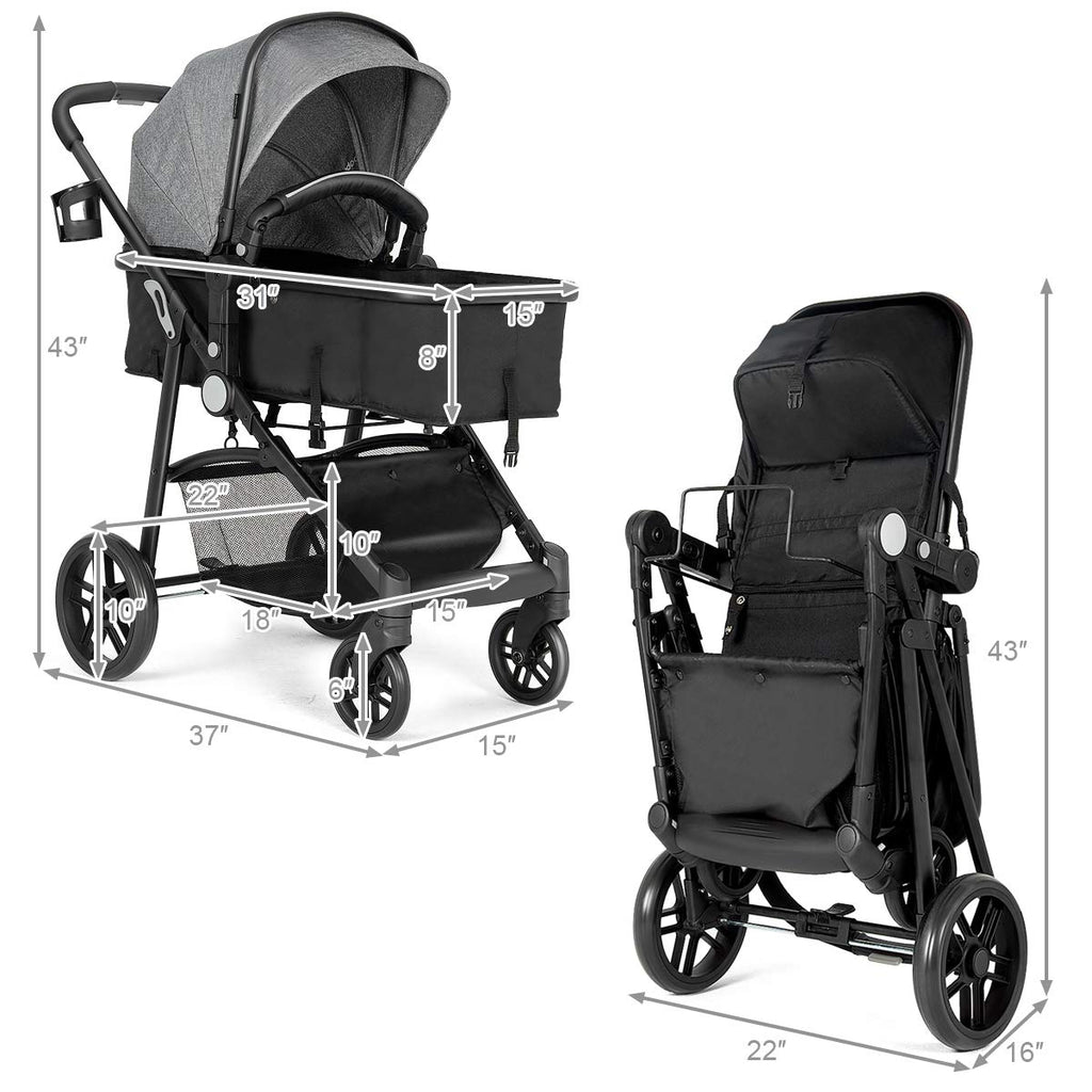 BABY JOY Baby Stroller, 2 in 1 Convertible Carriage Bassinet to Stroller, Pushchair with Foot Cover, Cup Holder, Large Storage Space, Wheels Suspension, 5-Point Harness (Gray)