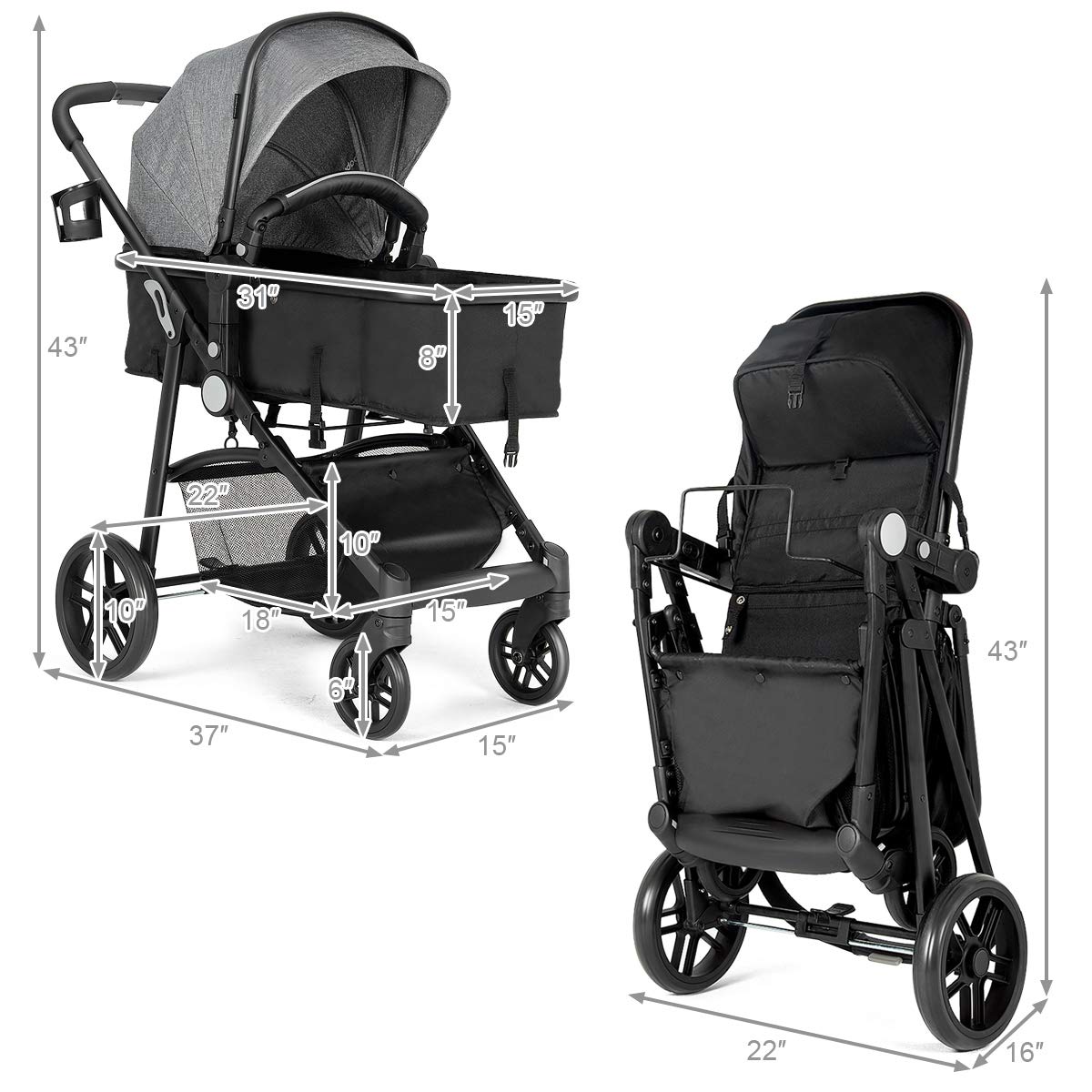 BABY JOY Baby Stroller, 2 in 1 Convertible Carriage Bassinet to Stroller, Pushchair with Foot Cover, Cup Holder, Large Storage Space, Wheels Suspension, 5-Point Harness (Gray)