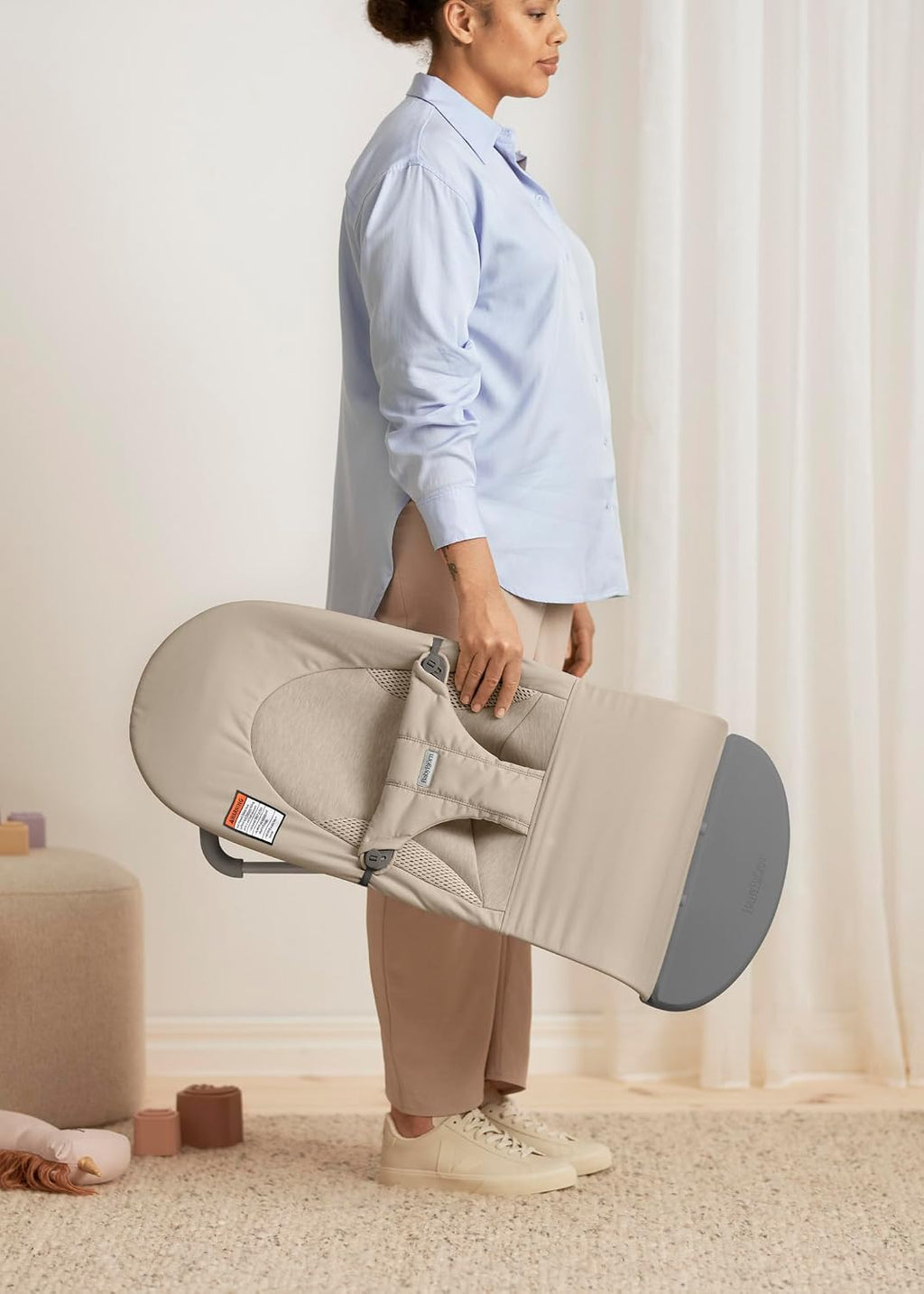 BabyBjörn Bouncer Balance Soft, Tri-Fabric, Sand Grey | 2-in-1 Adjustable Baby Bouncer Seat and Toddler Chair, Newborn to Toddler (8-29 lbs), 4 Positions, Lightweight & Portable