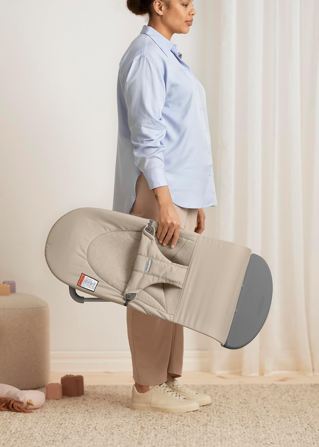 BabyBjörn Bouncer Balance Soft, Tri-Fabric, Sand Grey | 2-in-1 Adjustable Baby Bouncer Seat and Toddler Chair, Newborn to Toddler (8-29 lbs), 4 Positions, Lightweight & Portable