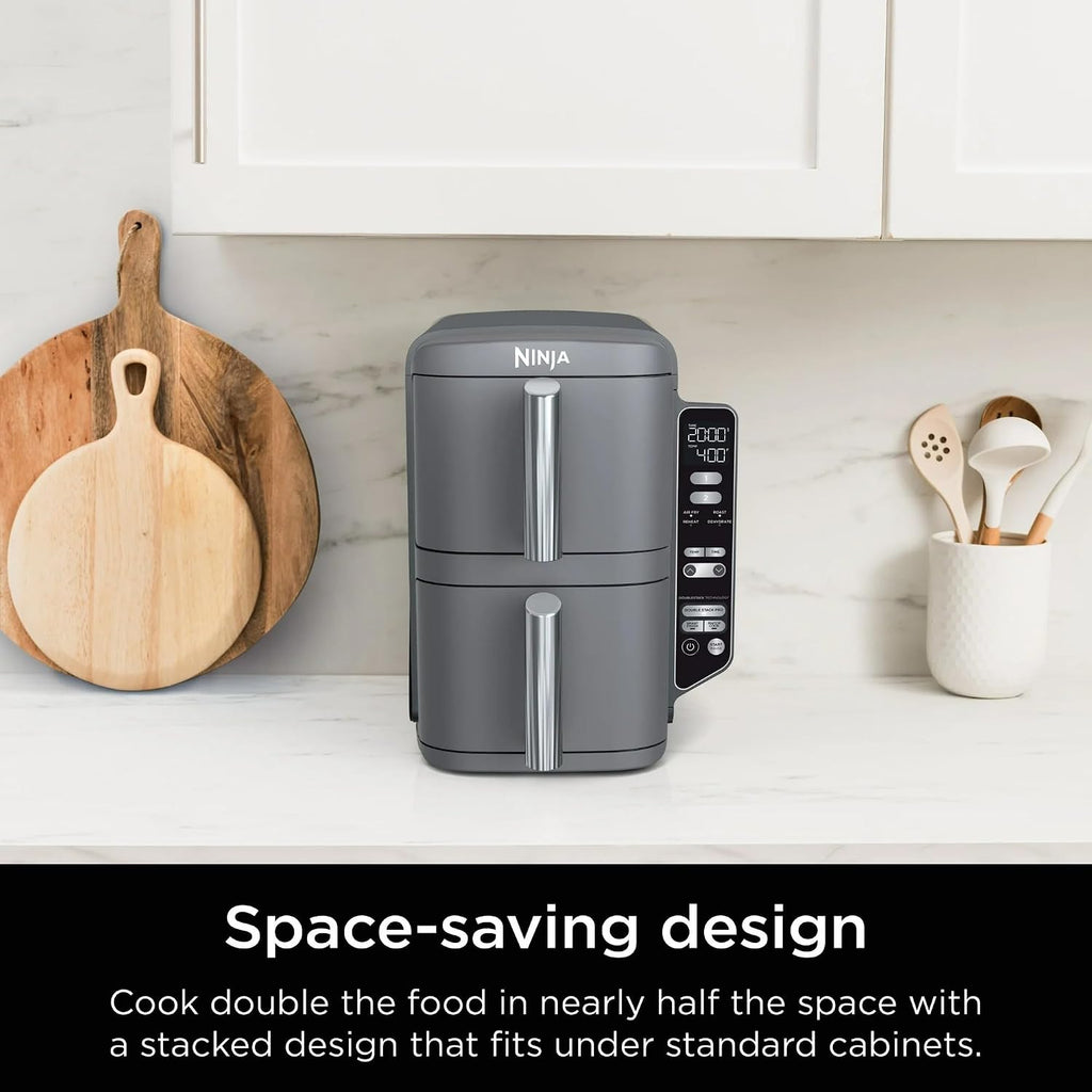 Ninja SL400 DoubleStack XL 2-Basket Air Fryer, 10 QT, Cooks 4 Foods at Once, Compact Design, 4-in-1, Smart Finish & Match Cook, Air Fry, Broil, Bake, Easy Meals, Easy Clean, Grey (Renewed)