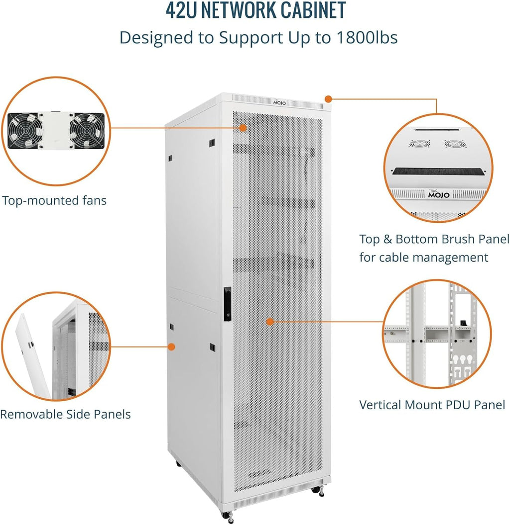 Tecmojo 42U Server Rack Network Cabinet 31.5' D x 23.6' W, Locking Data Cabinet Enclosure for 19' Server, Networking, AV & IT Equipment, Mesh Door, White