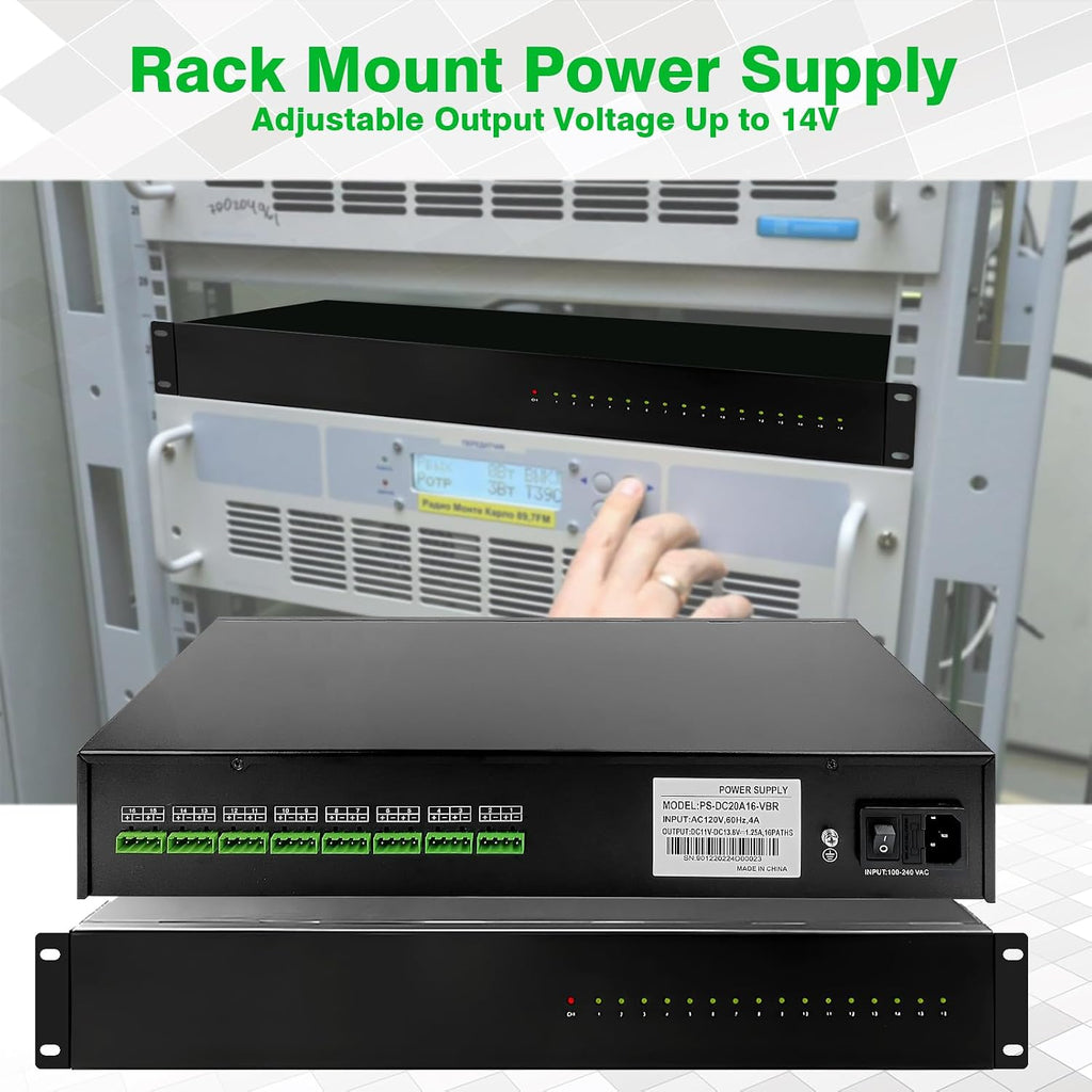 DC 16 Channel VBR CCTV 12V 20A Distributed Power Supply Rack Mount, PTC Reset Fuse,（UPS） Uninterruptible Power Supply System Function，Adjustable Output Voltage，for Security Cameras, DVR，NVR