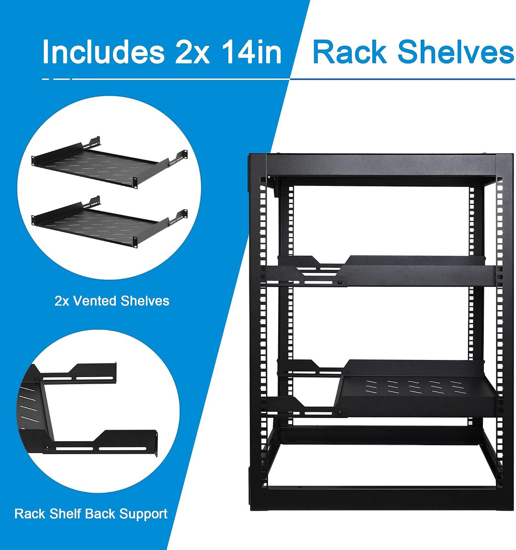 RackPath 16U Open Frame Network Rack with 2X 14in Vented 1U Shelves Rear Support, Wall Mount/Floor Standing Network Cabinet, Heavy Duty 150 lbs Capacity for IT & AV Gear, Audio and Video Device