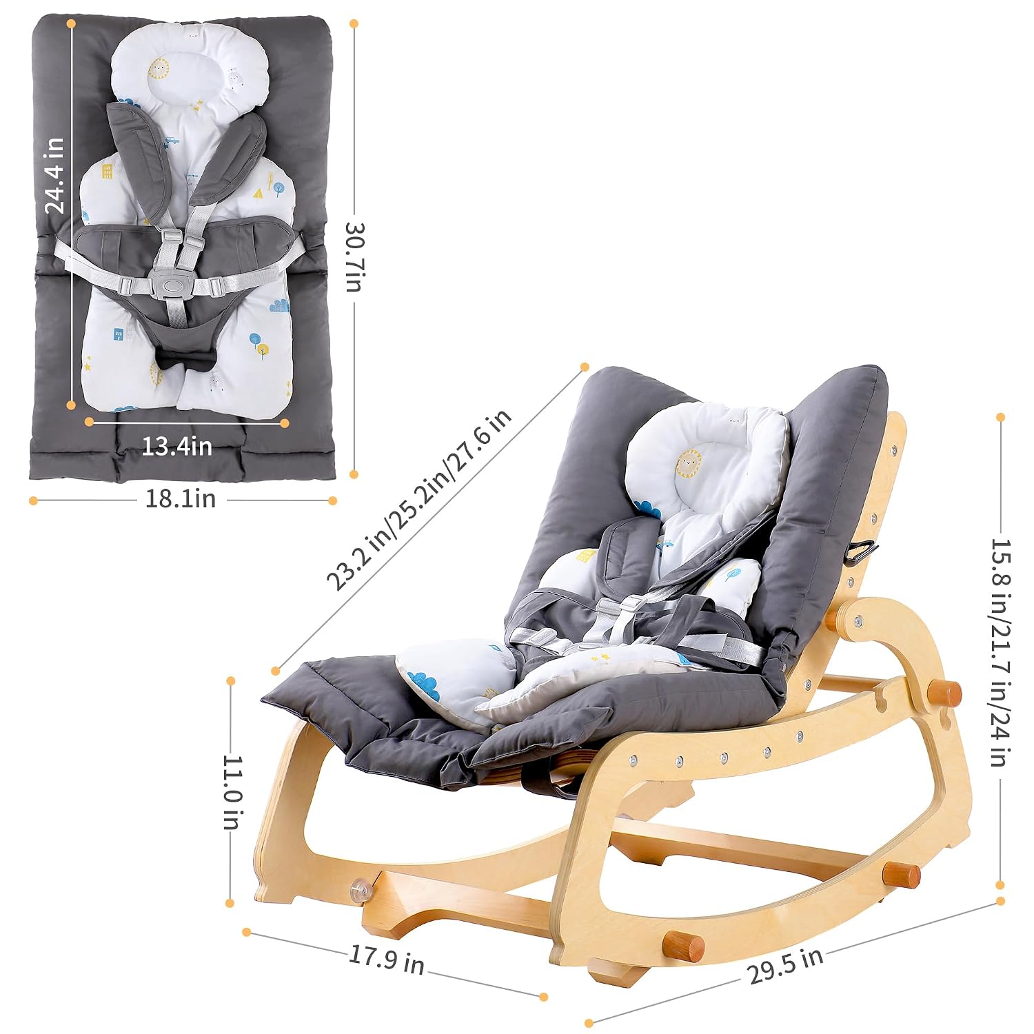 MallBest 3-in-1 Baby Rocker Chair with Double Cushions, for 0-12 Months, Adjustable Wooden Infant Rocker with Removable Cushion and 5-Point Harness for Infant to Toddler（Grey）