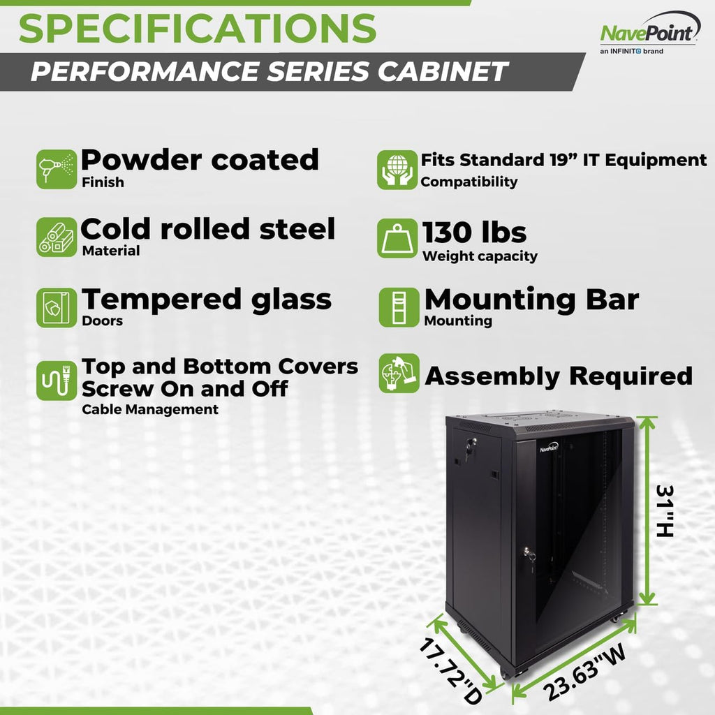 NavePoint 15U Server Cabinet Wall Mount Rack Enclosure with Caster Wheels, Includes 2 Fans, Locking Glass Door, Removable Side Panels – 15U Network Cabinet 17.7' Deep, 19'Server Rack for IT Equipment