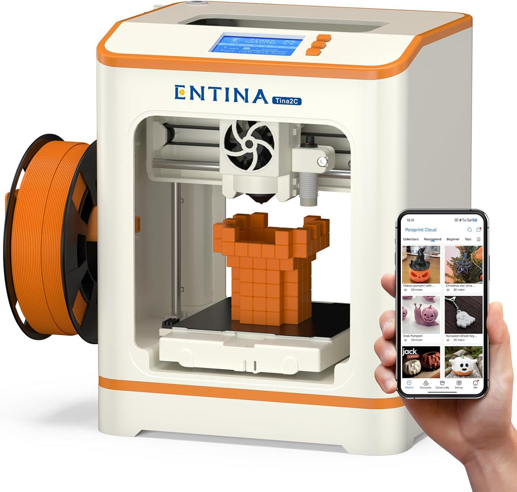 Entina Tina2C Mini 3D Printer for Kids & Beginners – Fully Assembled, Ready in 8 Minutes, App & WiFi Control, 1500+ Models, 20+ DIY Modules, Auto Leveling, High Precision for Home & STEM Learning