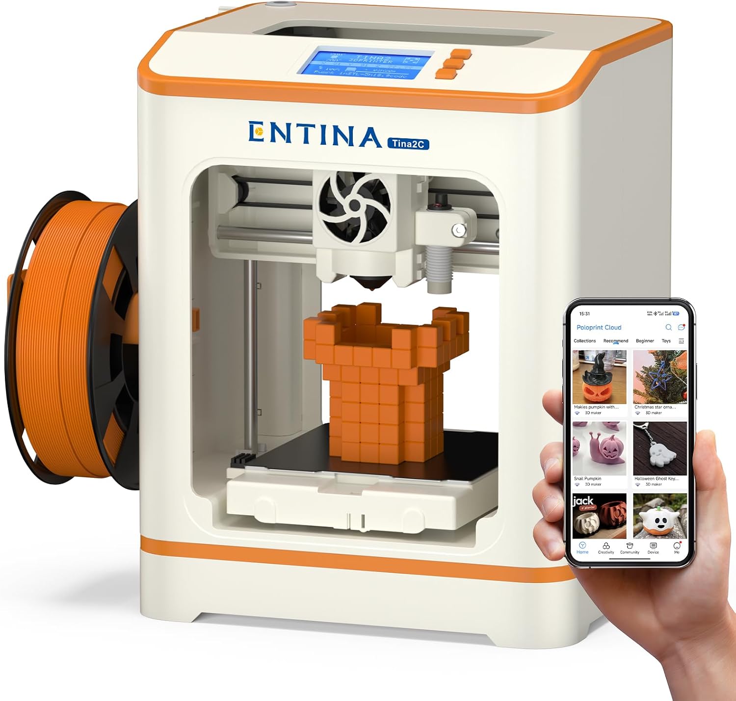 Entina Tina2C Mini 3D Printer for Kids & Beginners – Fully Assembled, Ready in 8 Minutes, App & WiFi Control, 1500+ Models, 20+ DIY Modules, Auto Leveling, High Precision for Home & STEM Learning