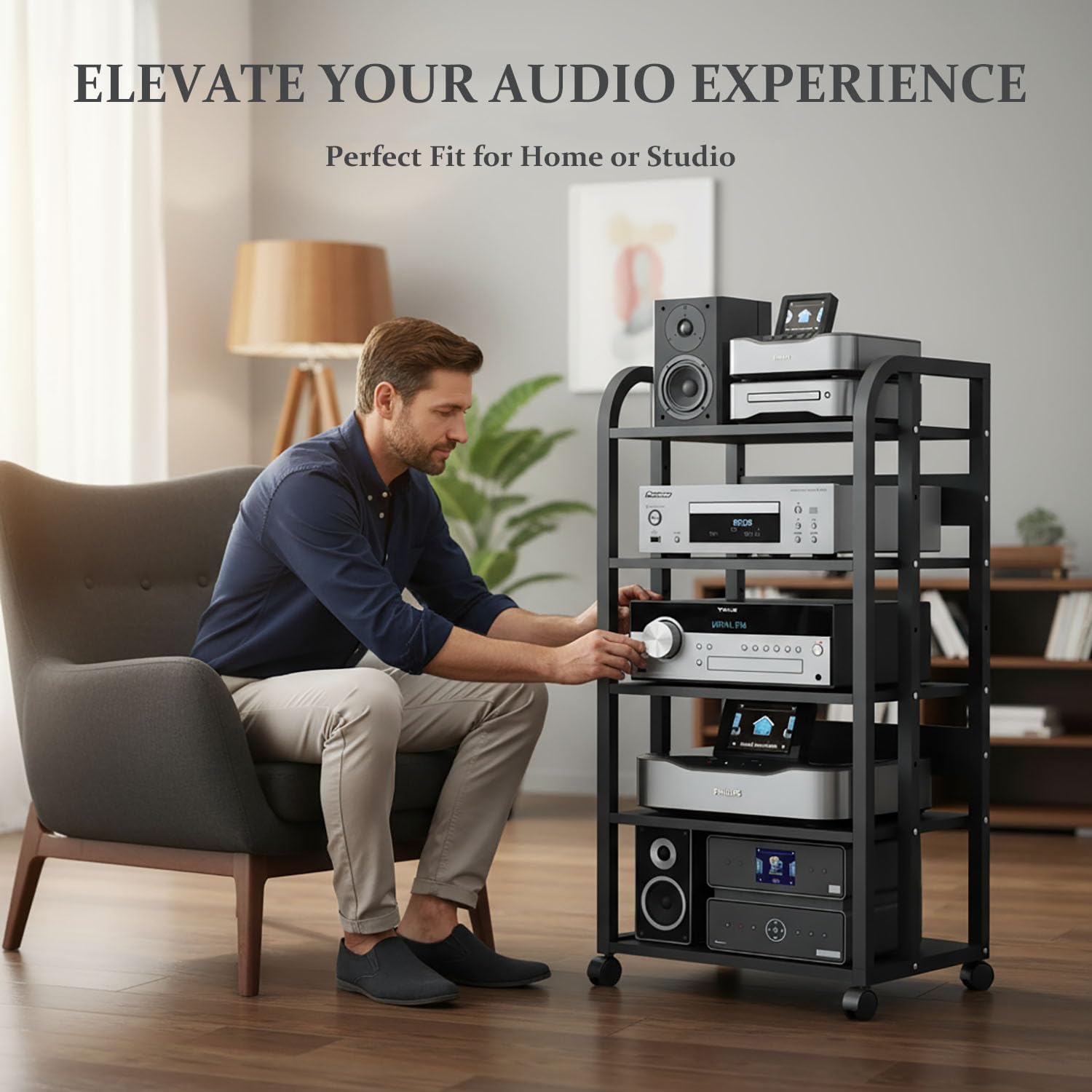5-Tier Stereo Cabinet, Rolling AV Media Stand with Wheels, Adjustable CD Record Player Console Shelf Audio Component Rack for Home Theater, Studio, Gaming & Living Room, Black