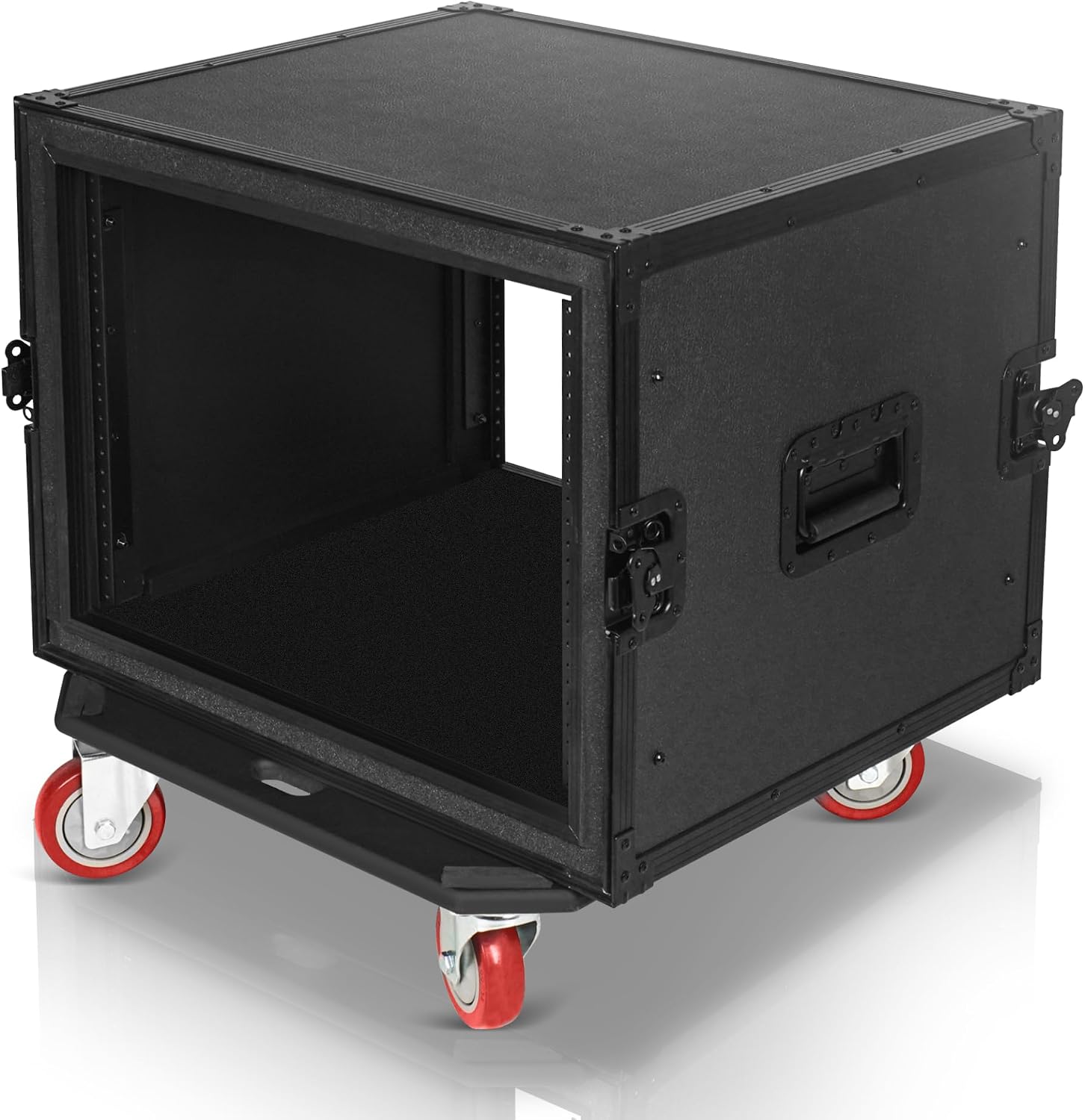 Sound Town Black Series Shock Mount 8U ATA Plywood Rack Case with 21' Rackable Depth, All-Black Anodized Hardware and Casters, Pro Tour Grade (STRC-SPB8UW)