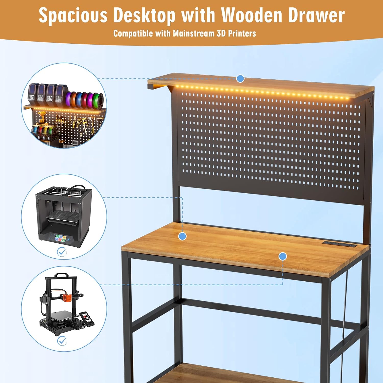 3D Printer Stand with Filament Storage Workstation, Large Mobile 3D Printer Workbench with AC/USB Power Hub and LED Lights, Heavy Duty Printer Desk with Pegboard for Studio Garage, Brown, Big