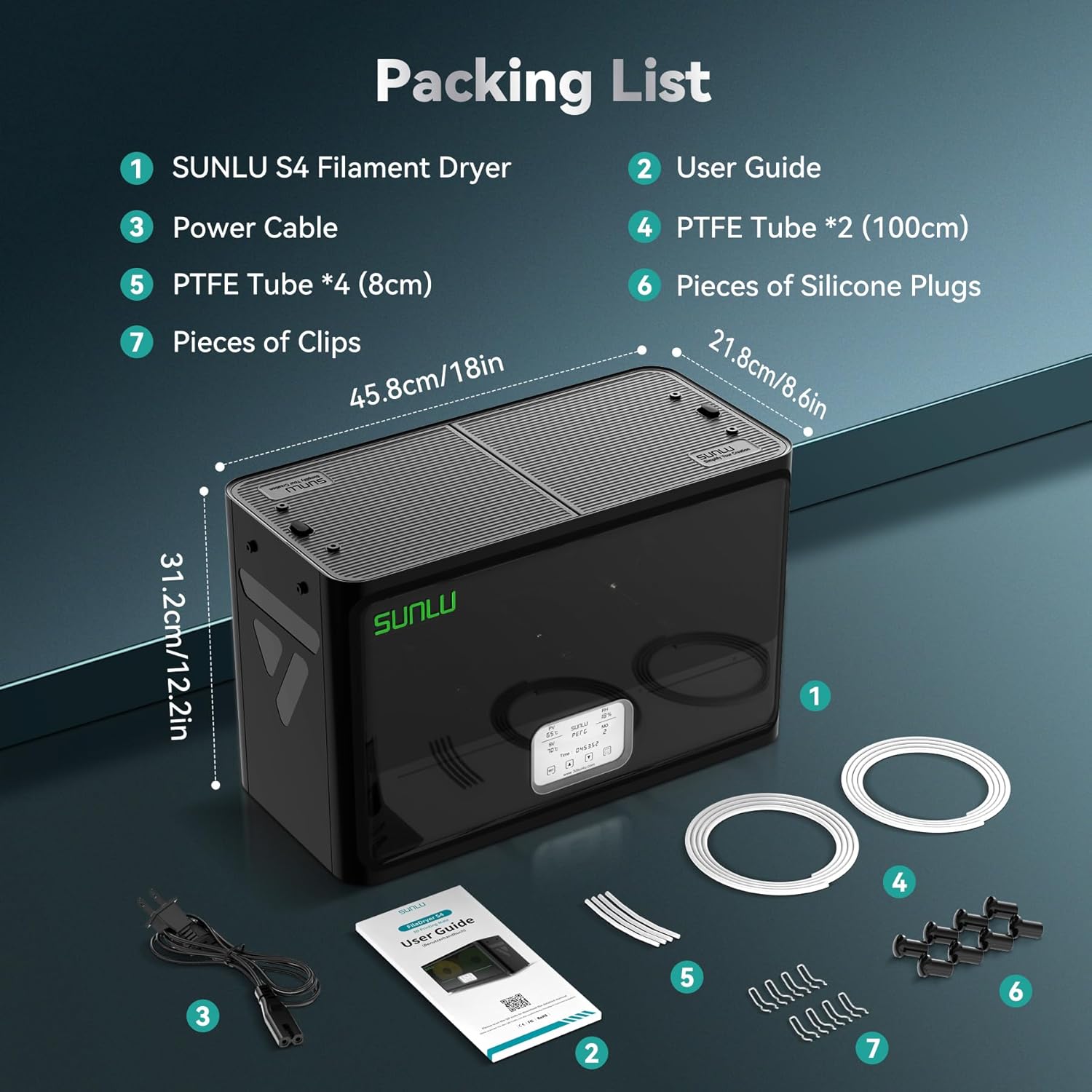 SUNLU Official Filament Dryer S4, 4 Spools Capacity, Efficient Heating to 70℃, 350W PTC Heater 3D Filament Dehydrator, Compatible with Nylon TPU PLA PETG ABS Filament 1.75/2.85/3.0mm, Black