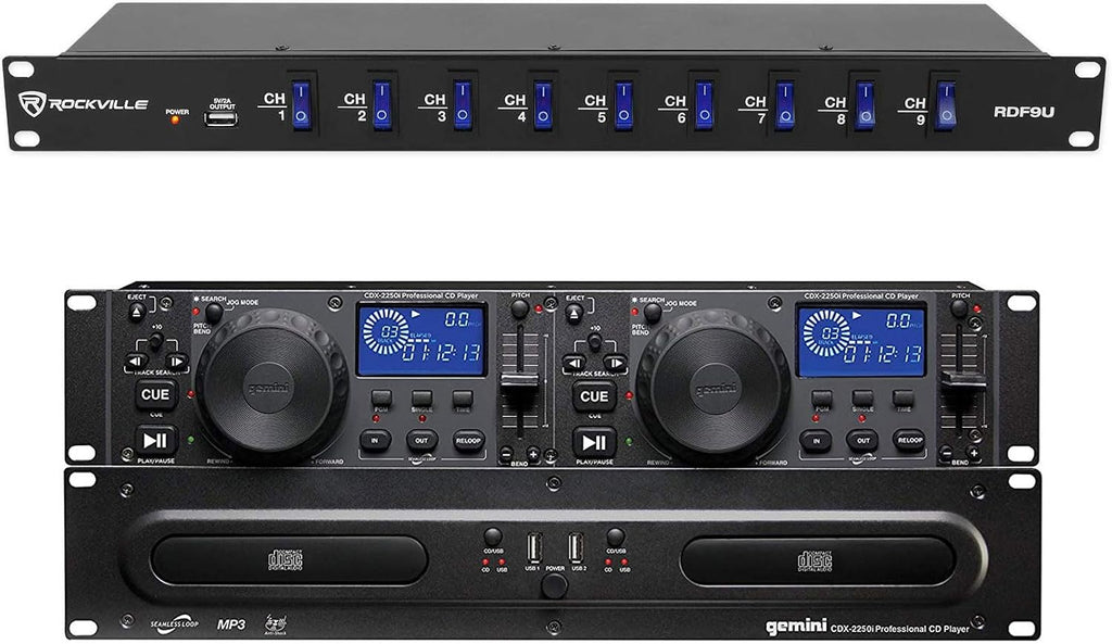 Audiosavings Bundle: CDX-2250i Pro DJ Dual Two Deck Rack Mount CD/MP3 Media Player w/USB Bundle with Rockville RDF9U 1U 15A Rack Mount DJ Pro Audio Power Supply Strip w/USB Charging (2 Items)