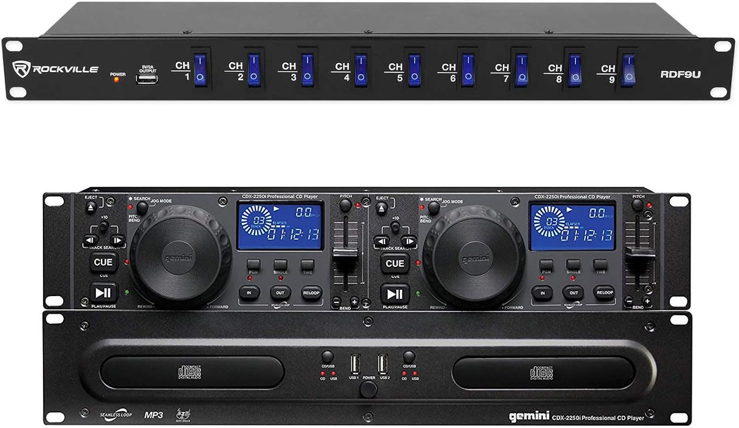 Audiosavings Bundle: CDX-2250i Pro DJ Dual Two Deck Rack Mount CD/MP3 Media Player w/USB Bundle with Rockville RDF9U 1U 15A Rack Mount DJ Pro Audio Power Supply Strip w/USB Charging (2 Items)
