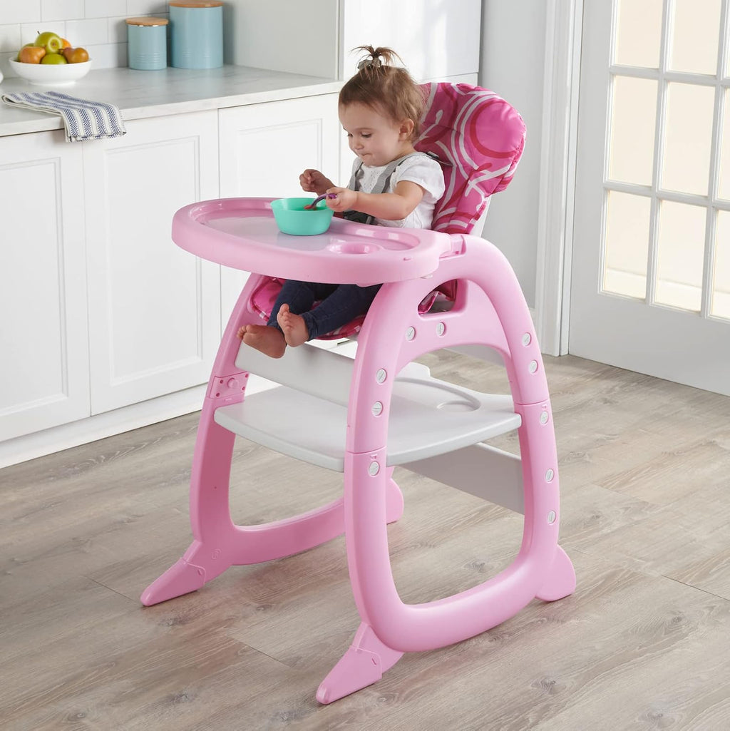 Badger Basket Envee II Convertible Baby High Chair – Infant Feeding Seat, Booster, and Toddler Desk with Tray and Cushion – Pink/White