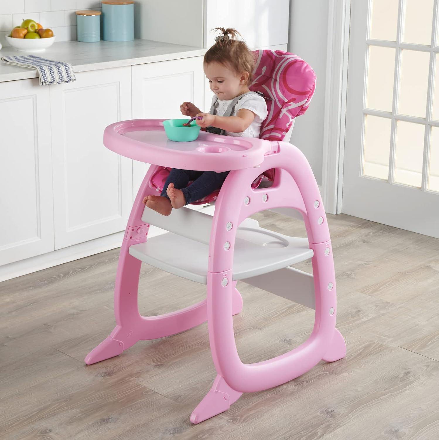 Badger Basket Envee II Convertible Baby High Chair – Infant Feeding Seat, Booster, and Toddler Desk with Tray and Cushion – Pink/White