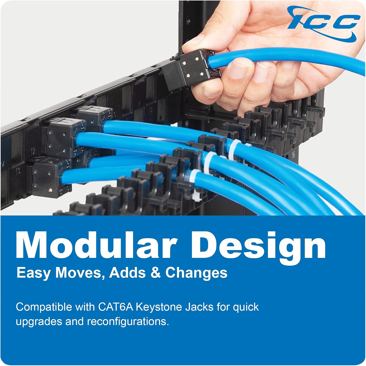 ICC 24-Port CAT6A Keystone 1U Patch Panel with CAT6A Keystone Jacks, 19' Rackmount Housing and Cable Support Bar, Staggered Ports to Reduce ANEXT, UL Listed PoE++ Compliant, ICMPP246AU