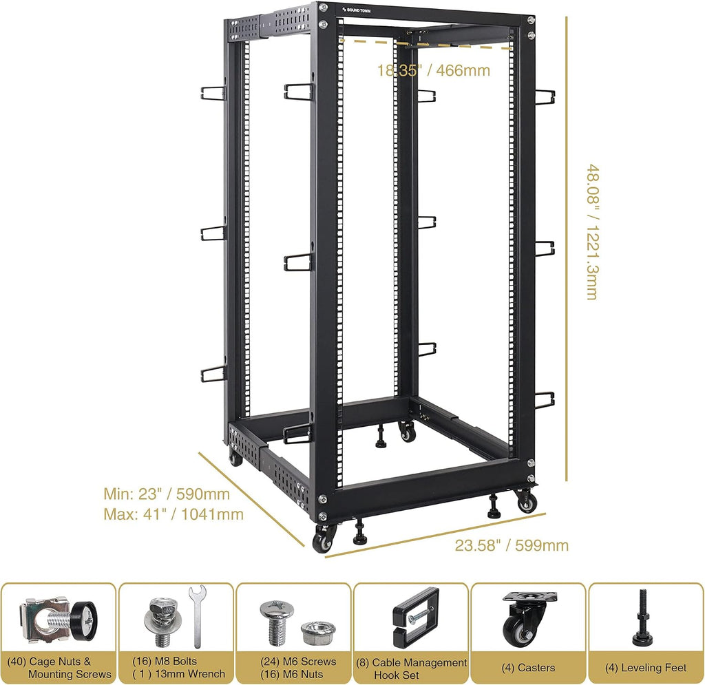 Sound Town 4-Post 25U Open Frame Sever and Network Equipment Rack with Adjustable Depth 22'-40', Casters, Levelers, Cable Management (ST4POF-A25U)