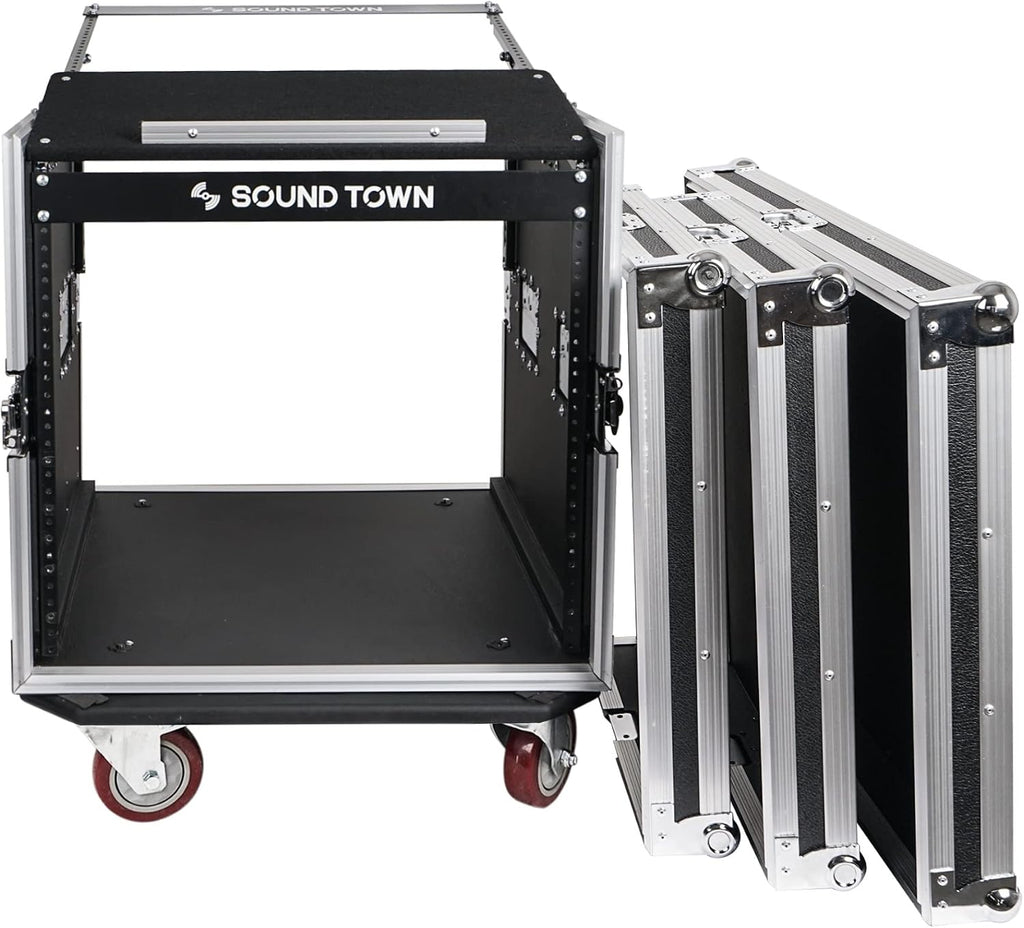 Sound Town Enhanced Thickness 1/2' (12mm) Plywood 10U Audio Rack/Road Case with 14U Slant Mixer Top, 25'' Rackable Depth and Casters-Pro Tour Grade (STMR-DE10UW)