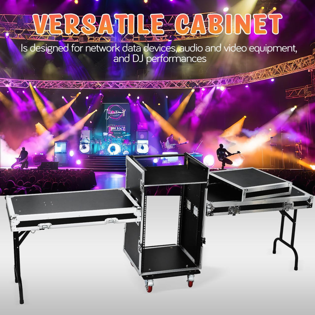 16U Dj Audio Rack, Recording Studio Rack with Top Mixer Workbench, 4 Casters,Two Foldable Dj Bench and Sliding Drawer for Stage Performance and Equipment Storage 38.18 * 28.34 * 20.86in