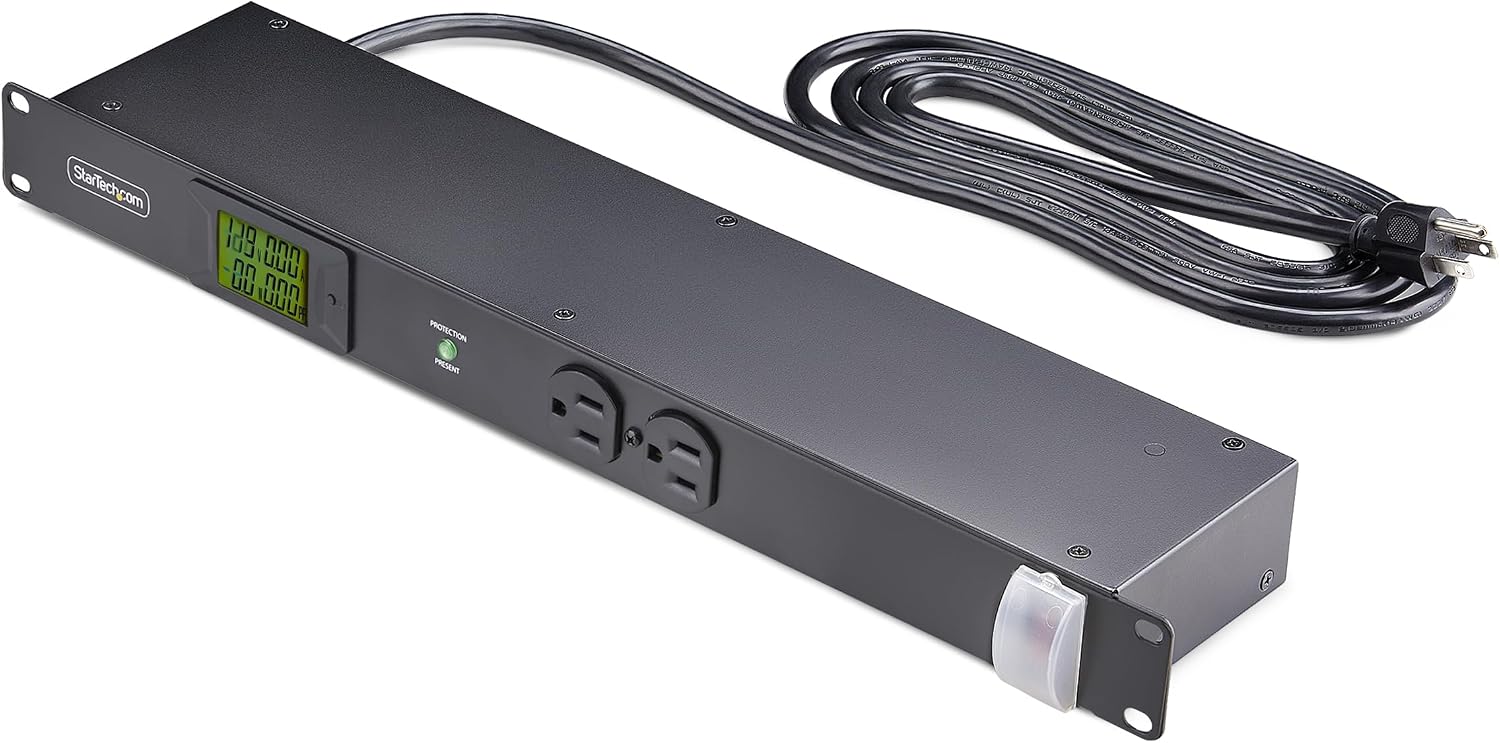 StarTech.com 8-Outlet Horizontal Rack Mount Metered PDU, 1U Server Power Strip w/Surge Protector, 8ft (2.4m) Power Cable, TAA
