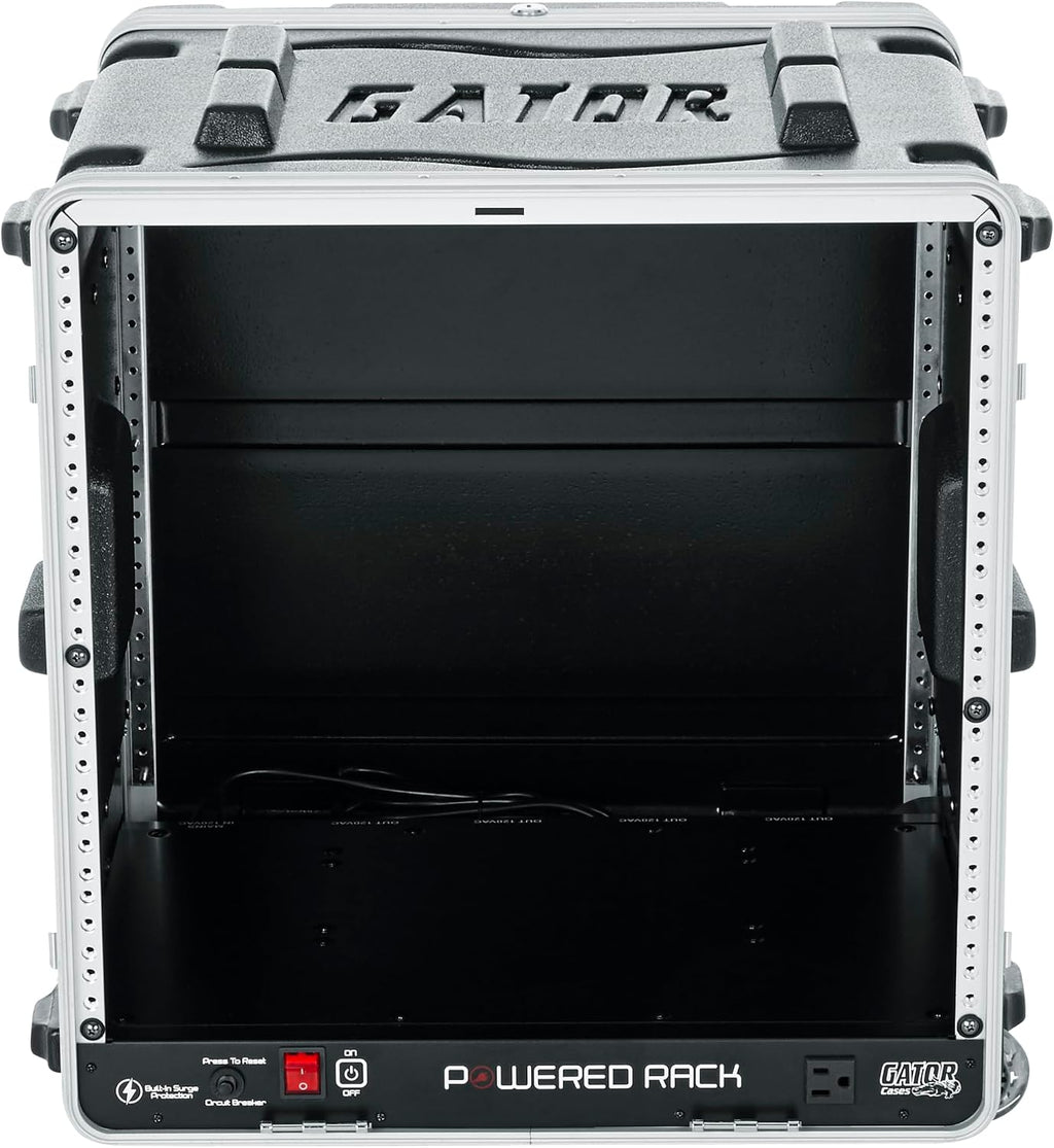 Gator Cases Lightweight Molded 10U Rack Case with Built-in Power Supply, Heavy Duty Latches, Retractable Tow Handle, and Recessed Wheels, 19.25' depth (GRR-10PL-US)