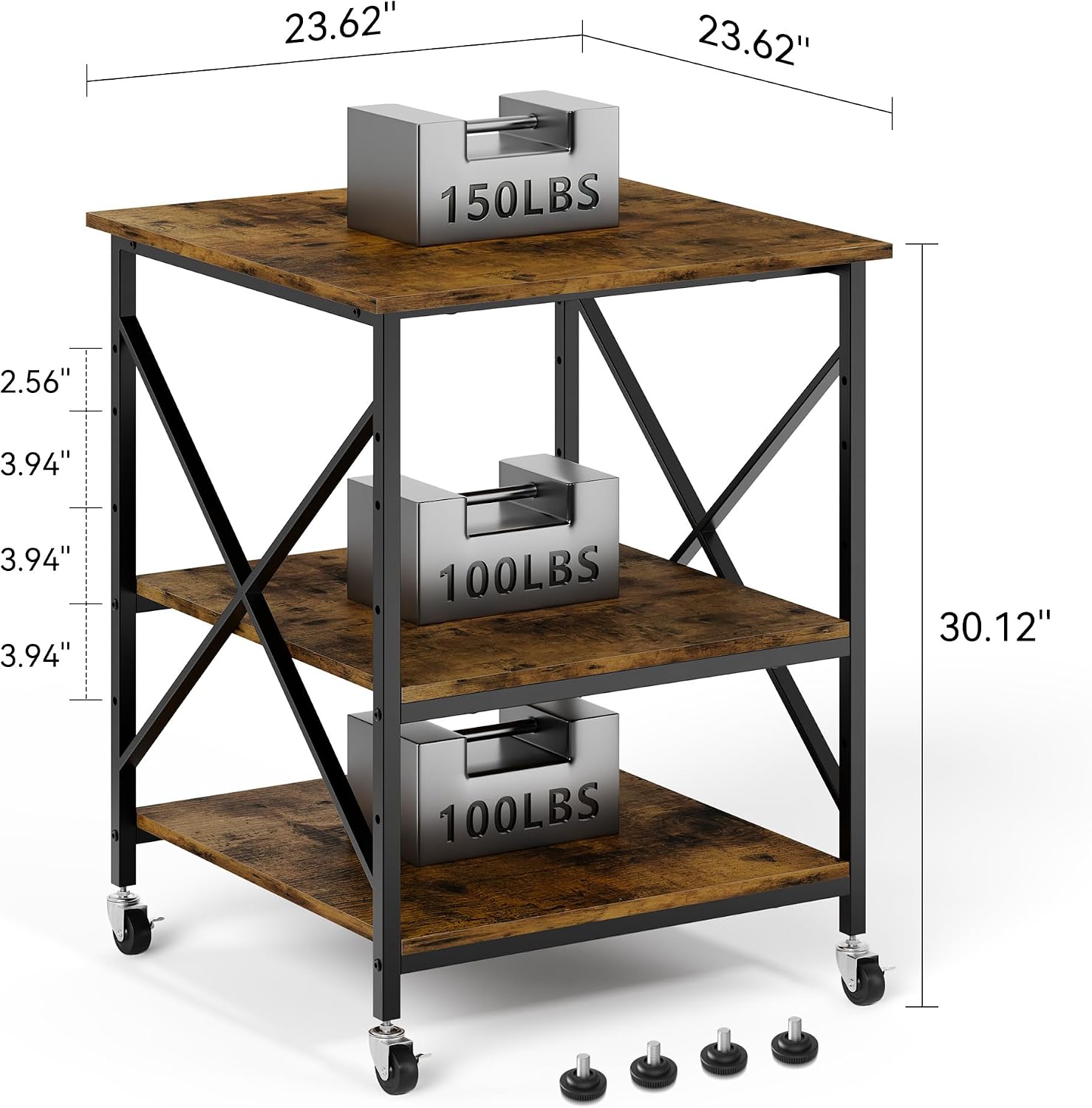 Warmiehomy 24'x24'x30' Large Printer Stand with Storage, 3 Tier Rolling Printer Cart Table, Mini Fridge Stand with Wheels, Use for 3D Laser Printer Home Office, Rustic Brown