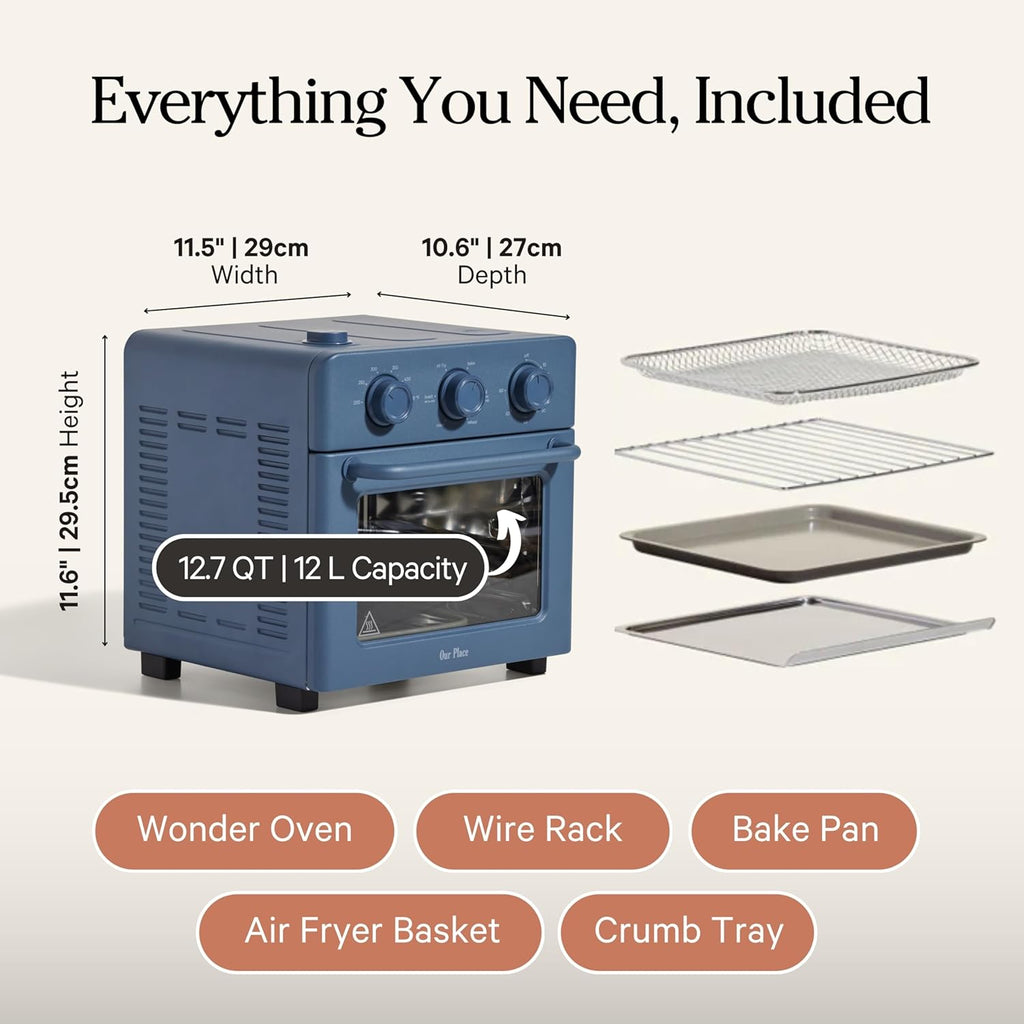 Our Place Wonder Oven | 6-in-1 Stainless Steel Air Fryer Toaster Oven Combo with Basket, Rack, Pan & Tray | Compact 13 QT Countertop Capacity - Toast, Roast, Bake, Reheat, Broil & Steam | Blue Salt