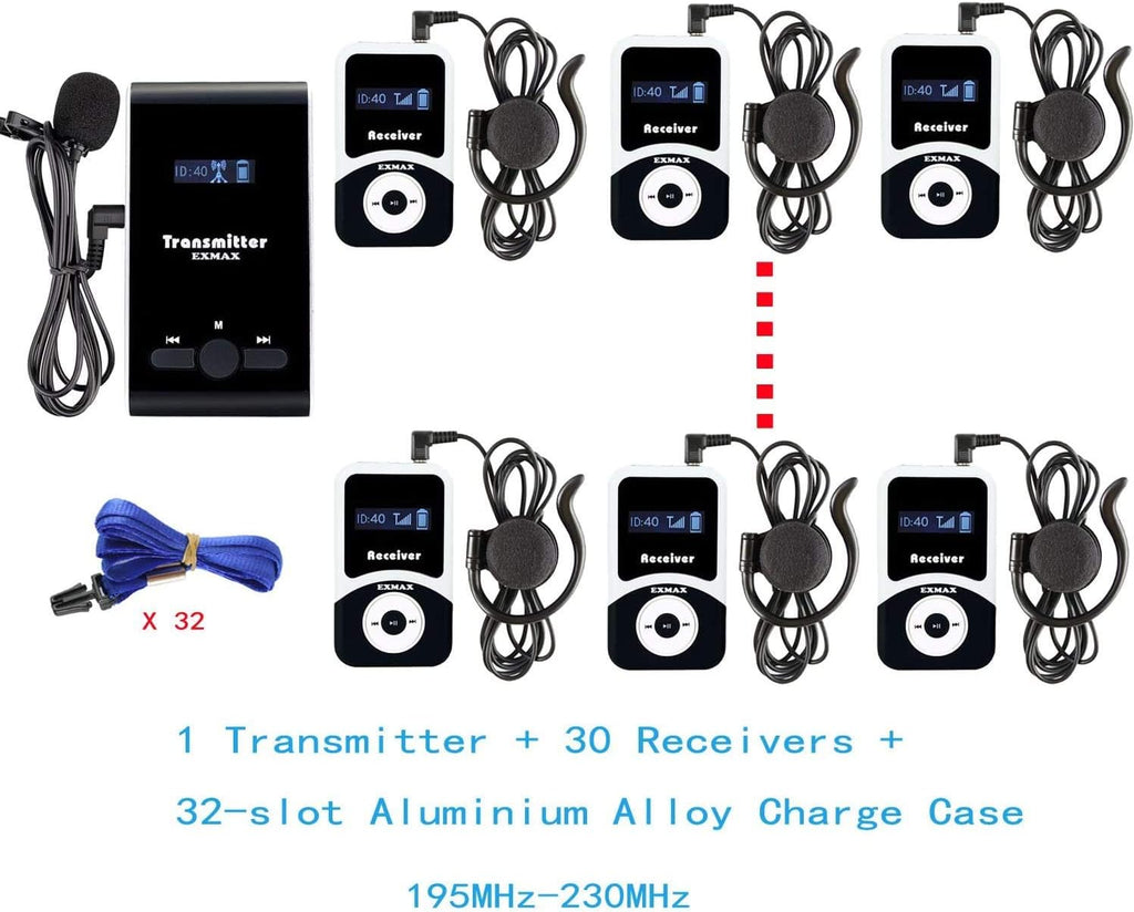 EXMAX ATG-100T 195MHz Wireless Tour Guide System Voice Audio Transmission +32-Slot Charge Case for School Teaching Tour Guides Conference Church Translation City Trip(2 Transmitters and 30 Receivers)
