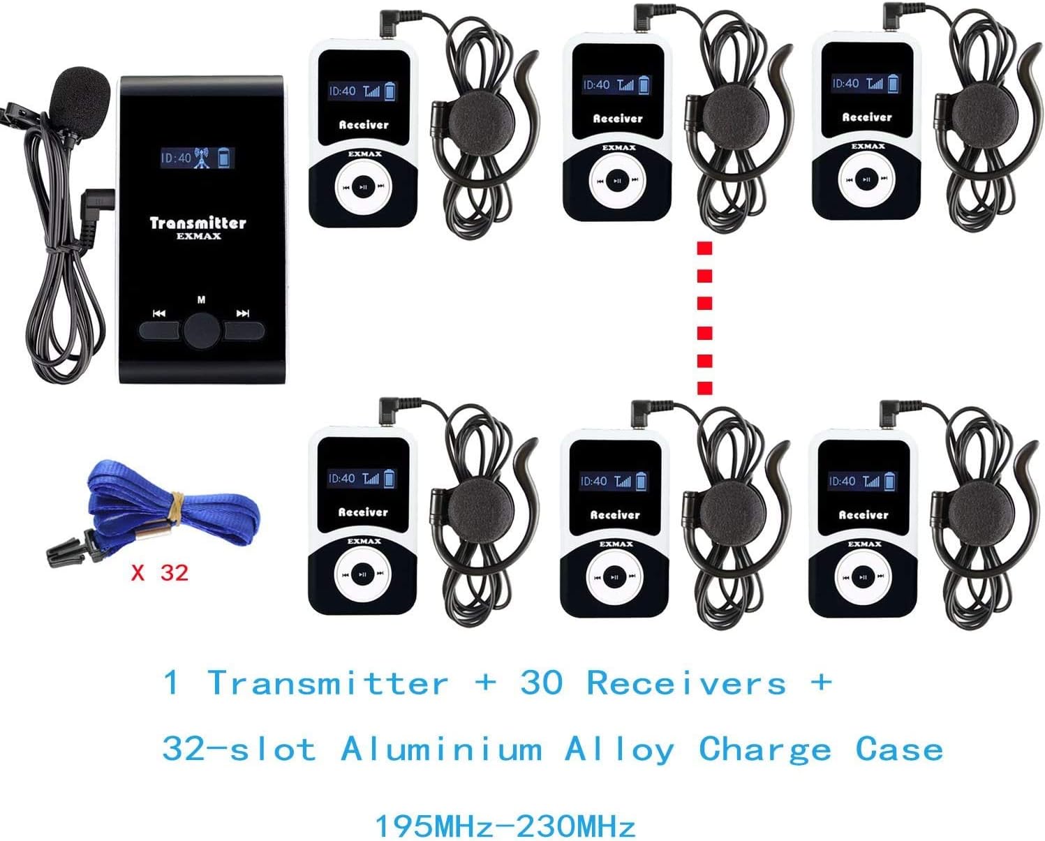 EXMAX ATG-100T 195MHz Wireless Tour Guide System Voice Audio Transmission +32-Slot Charge Case for School Teaching Tour Guides Conference Church Translation City Trip(2 Transmitters and 30 Receivers)