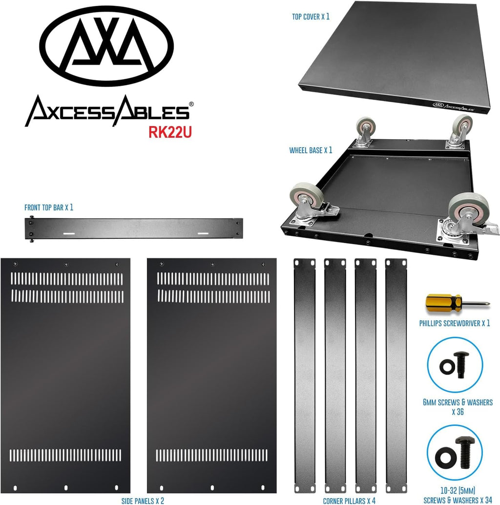 AxcessAbles 22U 19-Inch Rolling IT Server Rack 550LB Heavy Duty Open Frame with Removable Side Panels Large 3-Inch Locking Casters for Servers Networking and Rackmount Gear Includes 5mm and 6mm Screws