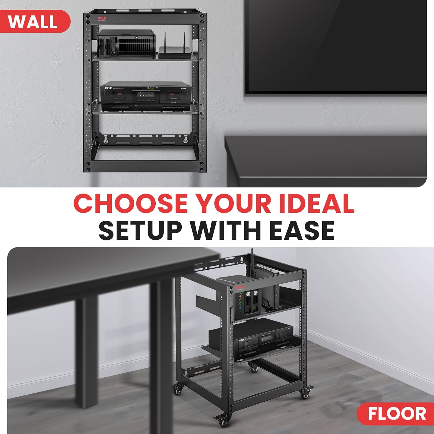 Pyle 15U Server Rack Network Cabinet - Open Frame Rack, Wall Mountable Heavy Duty Designs for Servers & AV Gear | Compatible with 19' Equipment Standard (Black)