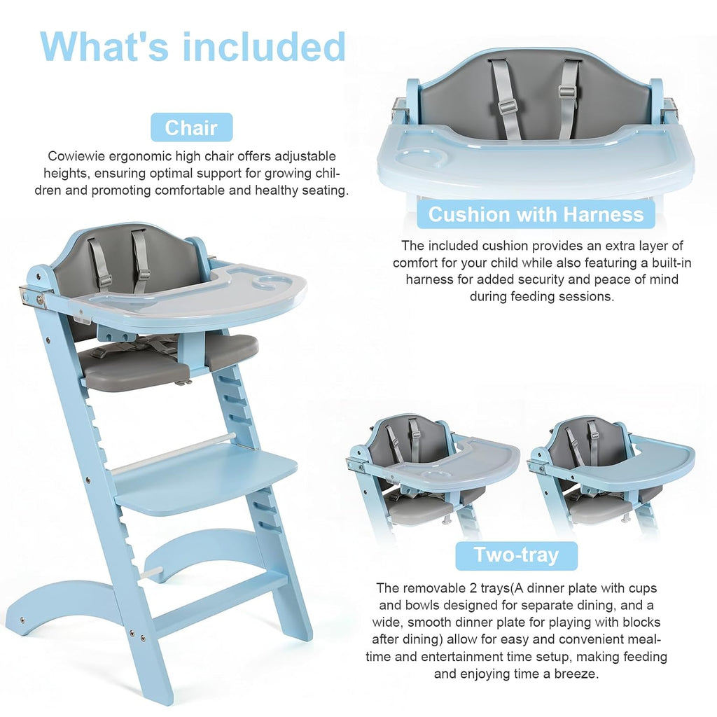 Cowiewie New Upgrade 3-in-1 Convertible Wooden High Chair for Babies & Toddlers 10 Levels Adjustable 3-Tier Remove 2 Waterproof Cozy Cushions Blue