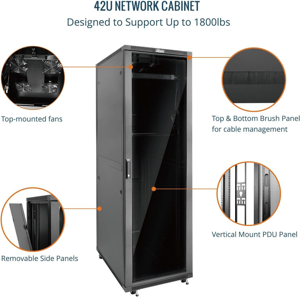 Tecmojo 42U Server Rack Network Cabinet 39.4' D x 23.6' W, Locking Data Cabinet Enclosure for 19' Server, Networking, AV & IT Equipment, Glass Door, Black