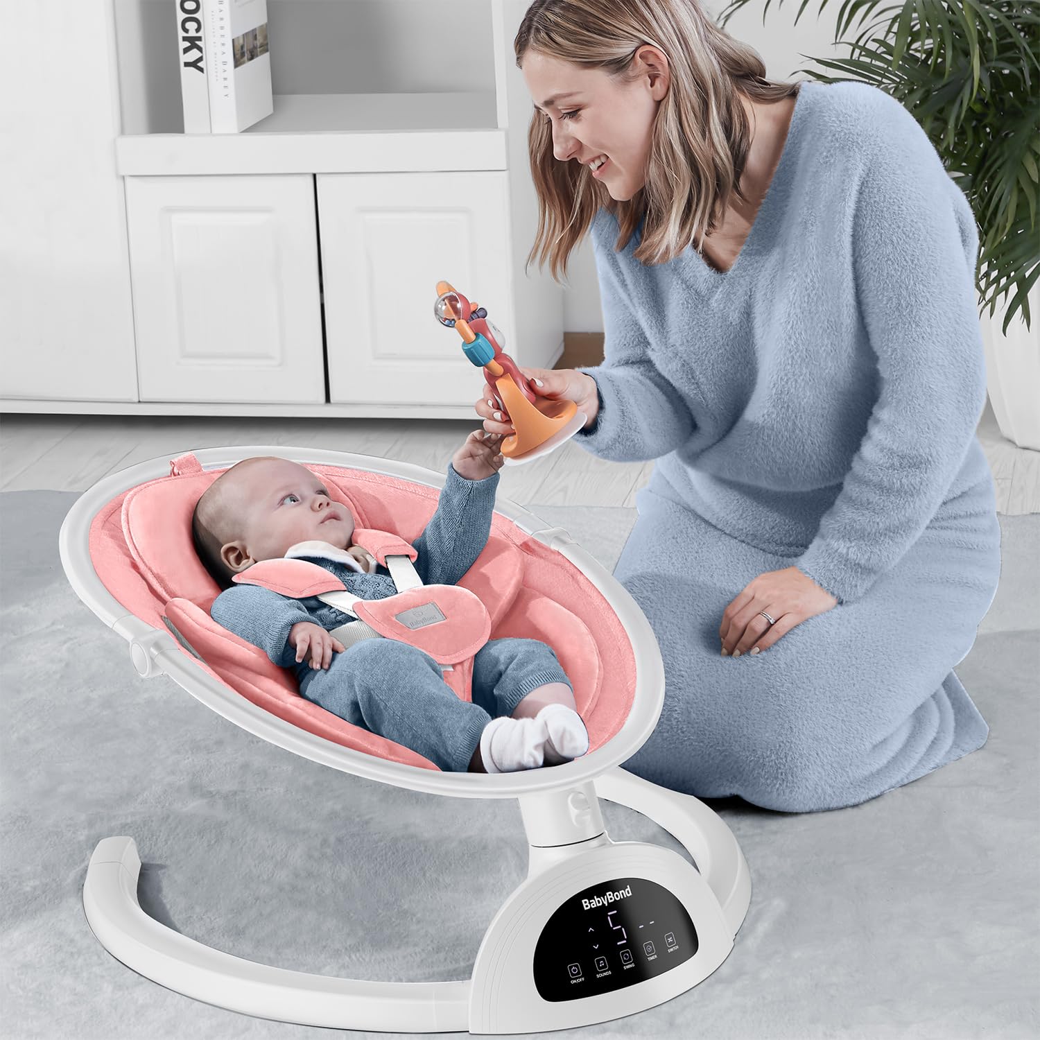 BabyBond Baby Swings for Infants, Bluetooth Infant Swing with Music Speaker, 3 Seat Positions, 5 Point Harness Belt, 5 Speeds and Remote Control - 1 Pcs (Pink)