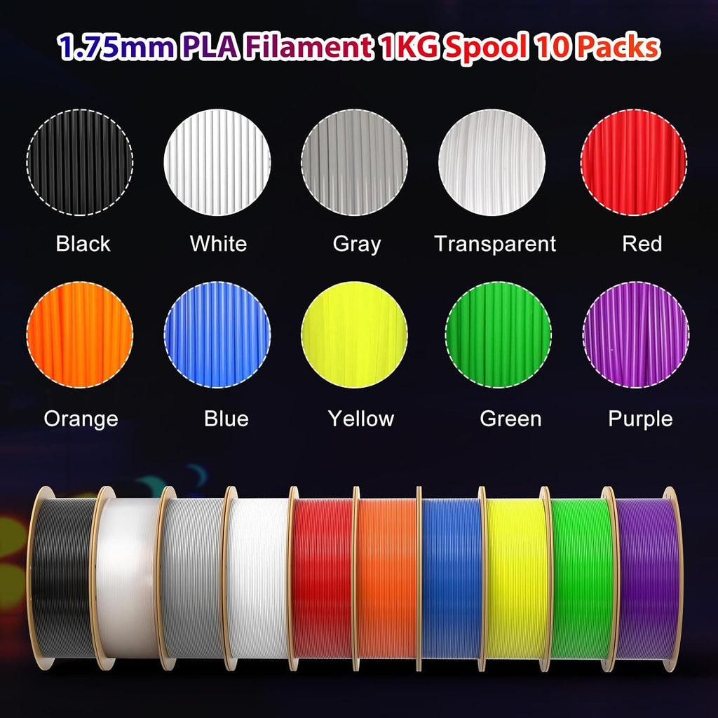 PLA Pro 3D Printer Filament 10 Packs, 1.75mm No Tangle, Each Spool Net Weight 1KG, in Total 10KG Bundles, Black+White+Grey+Clear+Blue+Green+Orange+Red+Yellow+Purple