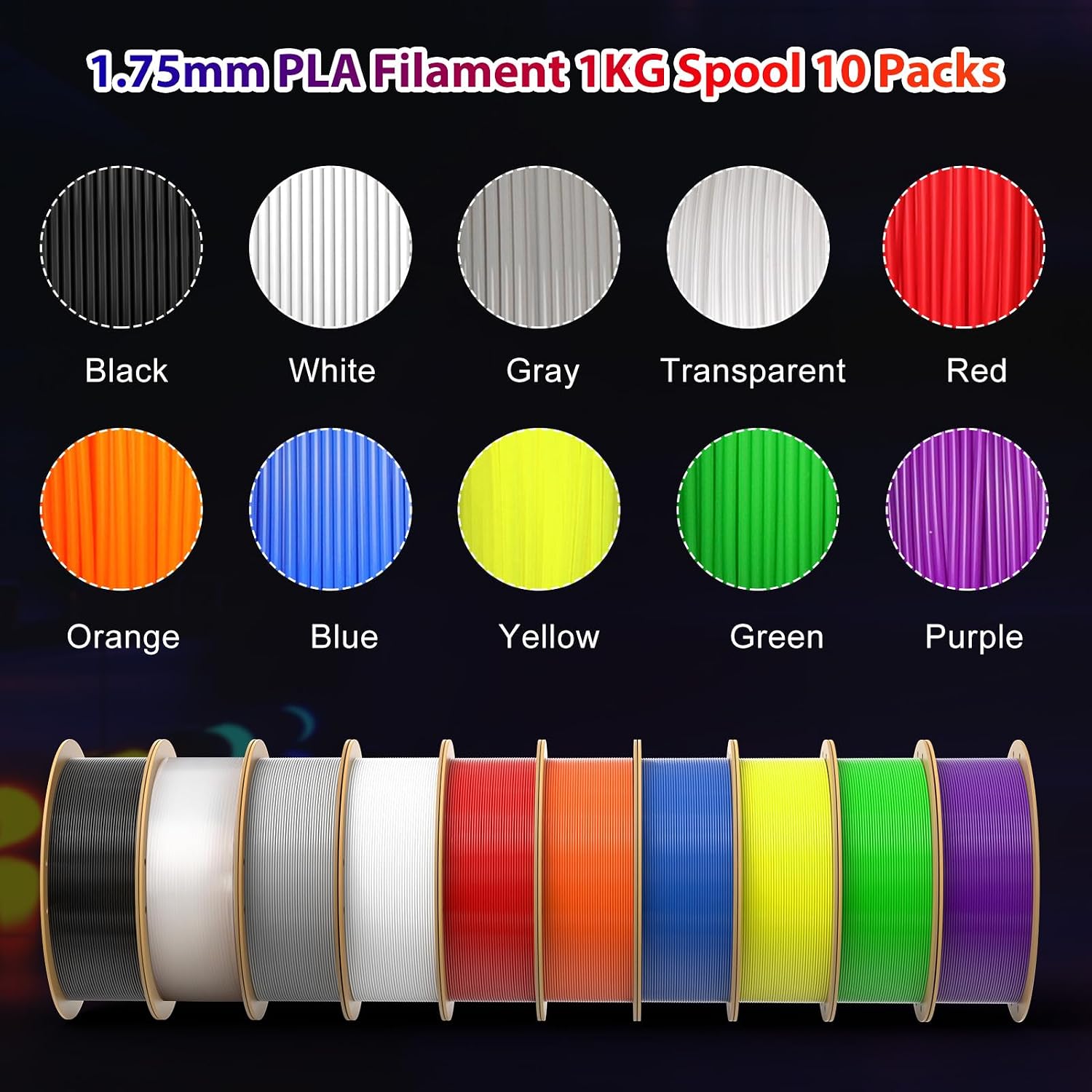 PLA Pro 3D Printer Filament 10 Packs, 1.75mm No Tangle, Each Spool Net Weight 1KG, in Total 10KG Bundles, Black+White+Grey+Clear+Blue+Green+Orange+Red+Yellow+Purple