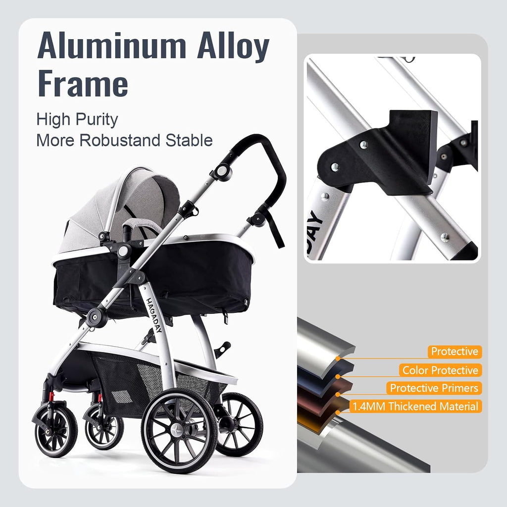 Hagaday Baby Stroller, 2-in-1 Reversible Toddler Seat with Basket Mode, Foldable Infant Stroller with Canopy, One Button Brake, Adjustable Handle, Newborn Pushchair (Gray)