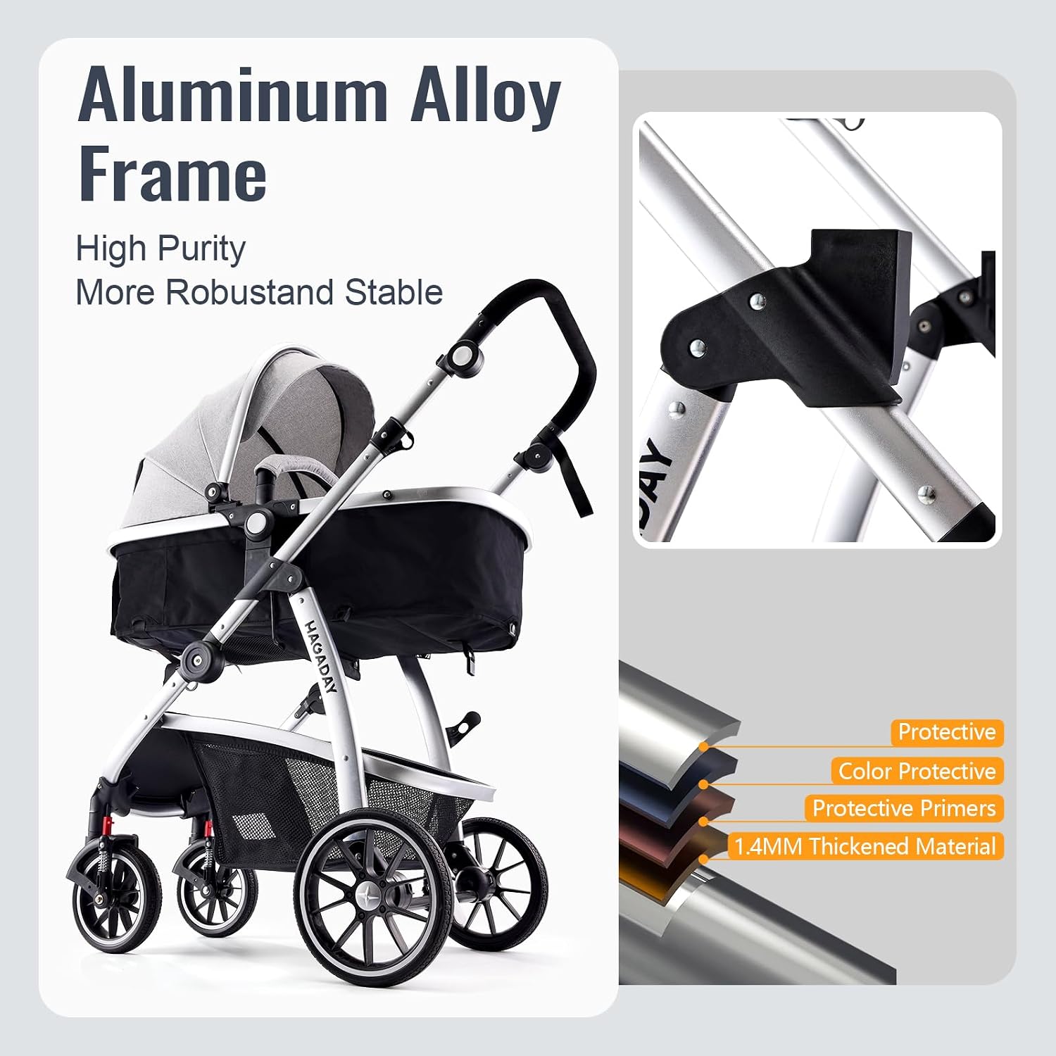 Hagaday Baby Stroller, 2-in-1 Reversible Toddler Seat with Basket Mode, Foldable Infant Stroller with Canopy, One Button Brake, Adjustable Handle, Newborn Pushchair (Gray)