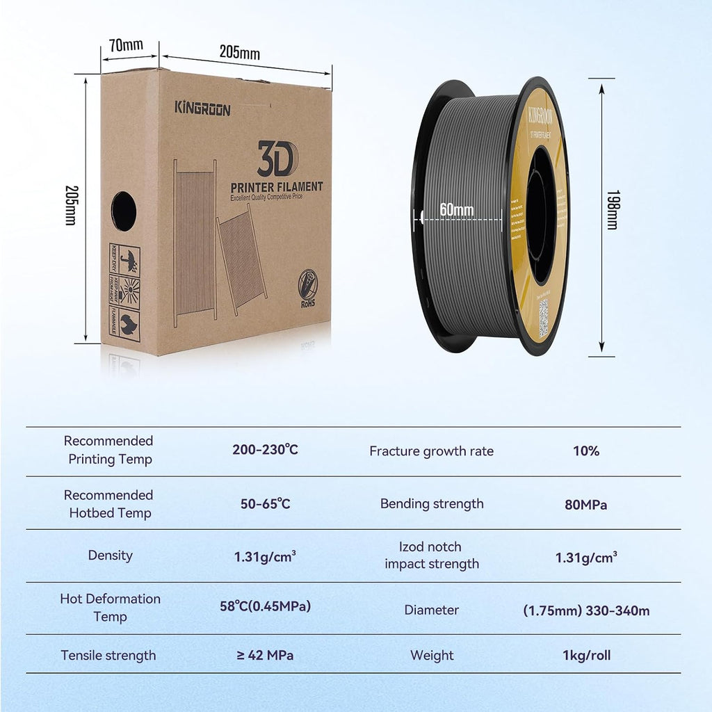 Kingroon Matte PLA Filament 1.75mm 3D Printer Filament Matte Filament 10kg Dimensional Accuracy +/- 0.02 mm (10 Rolls Grey)