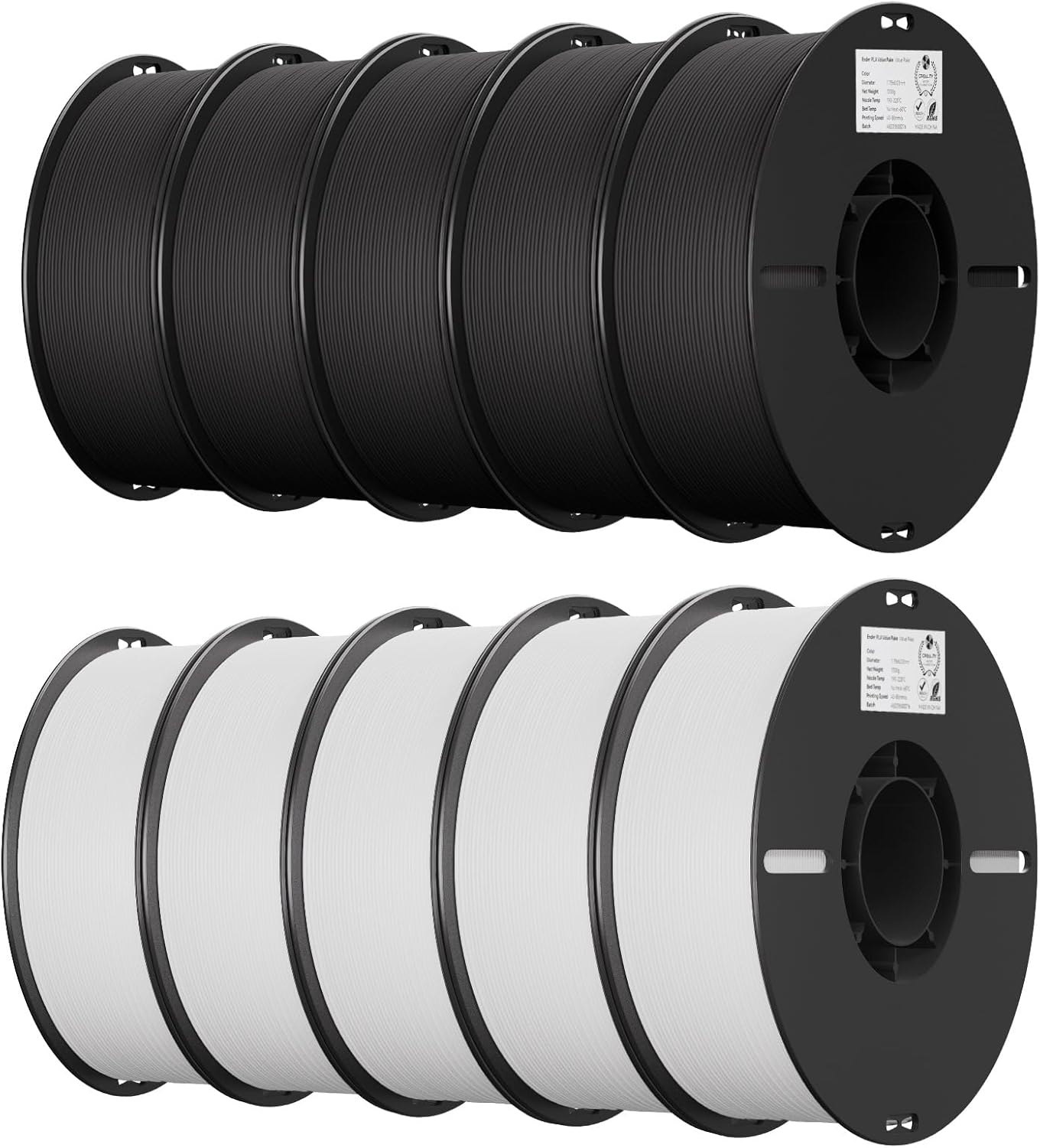 Creality 10 Pack PLA 1.75mm Filament Bundle for 3D Printing with No-Tangling Strong Bonding and Overhang Performance, Accuracy +/- 0.02mm (5 Black+5 White)