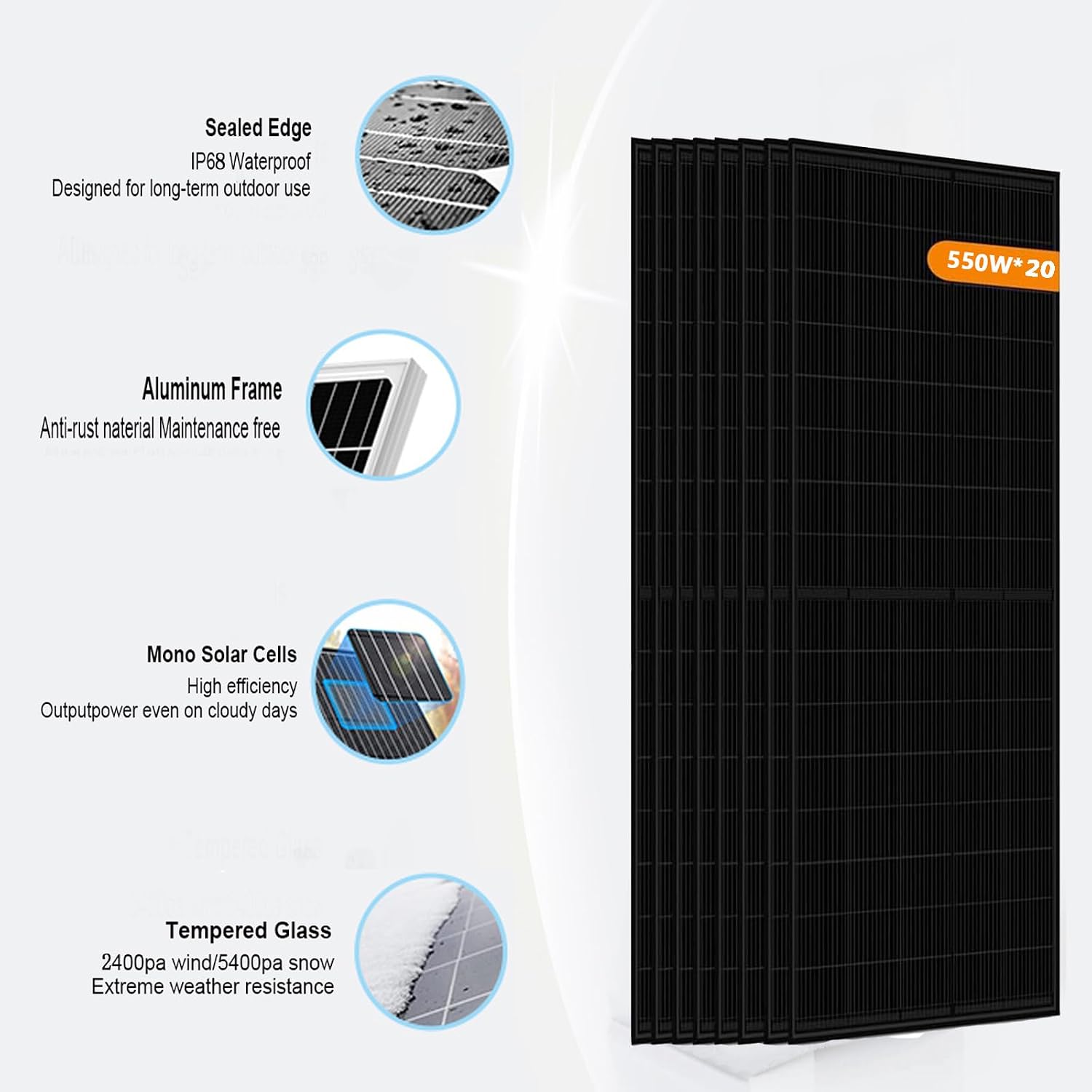 11000W Hybrid Grid Home Solar Power System Complete kit with 12KW Solar Hybrid Inverter,2sets 48V 16KWh LiFePO4 Battery 20PCS Bificial 550W Solar Panels with MPPT Controller 120/240Vac