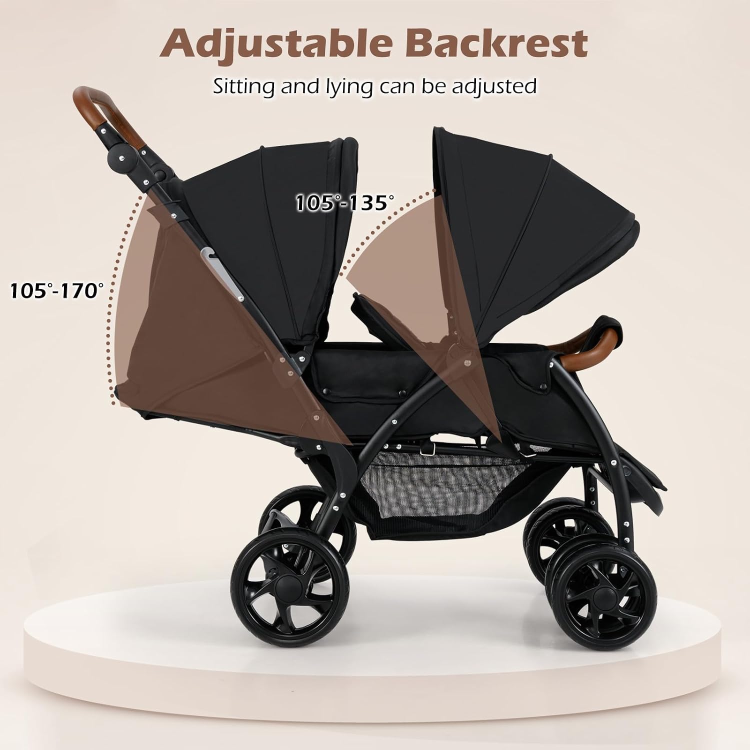 INFANS Double Stroller, Foldable Baby Tandem Stroller with Djustable Backrest Canopy Footrest, 5-Point Harness, Storage Basket, Convertible Compact Twin Stroller for Infants and Toddlers